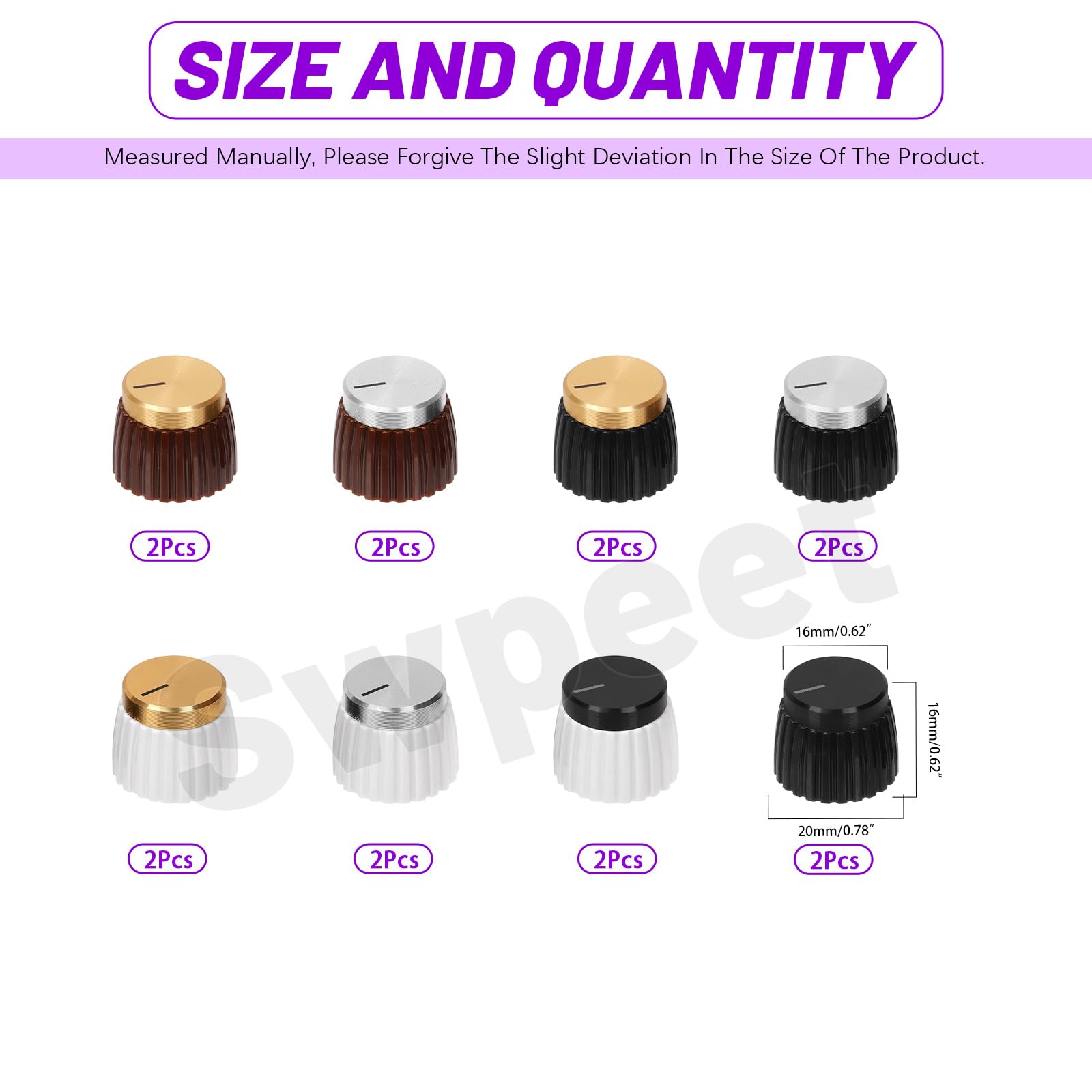 Swpeet 16Pcs 8 Colors 20x16mm 6mm Knurled Shaft Push-on Potentiometer Knob Assortment Kit - Image 2