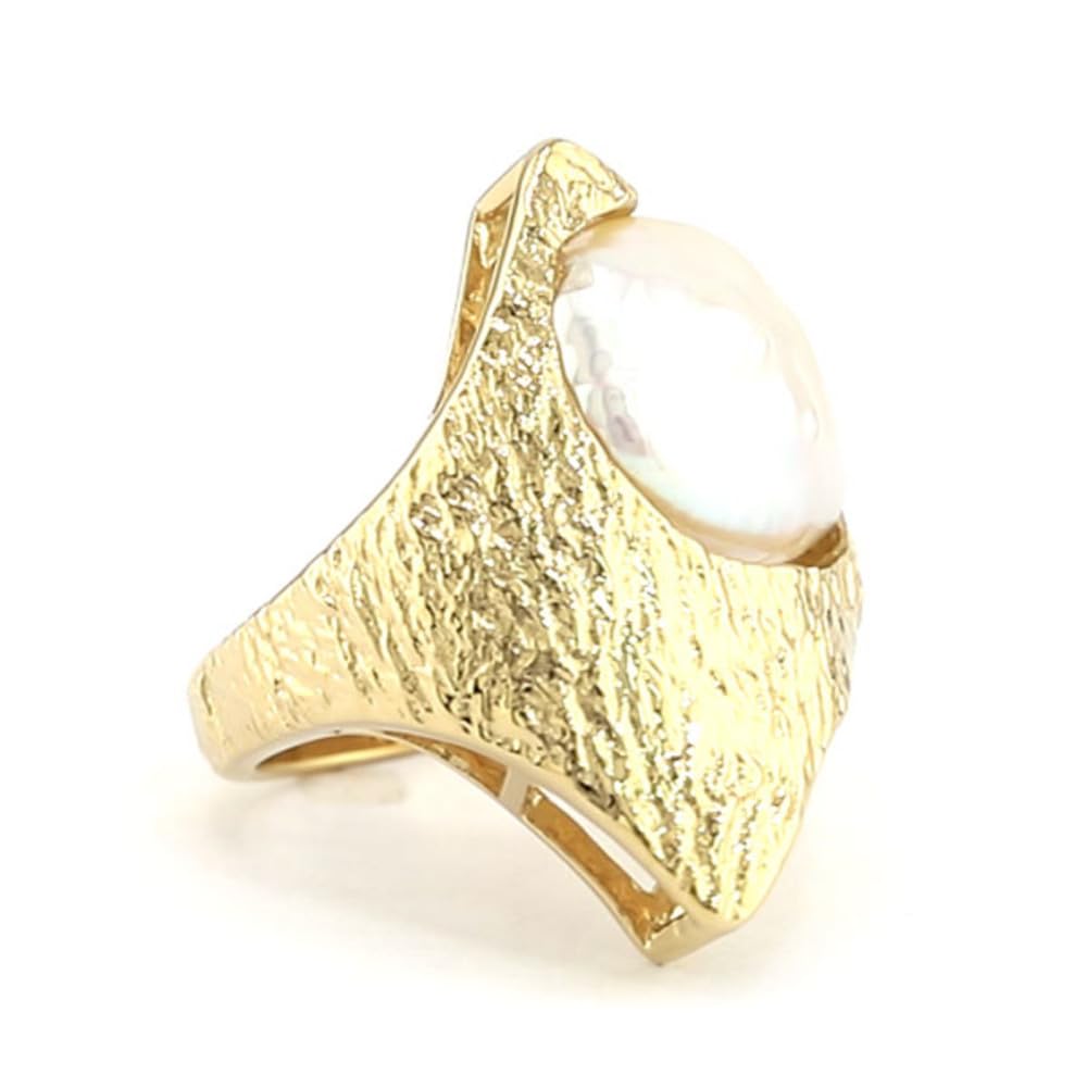 Cavill Weißer Süßwasserzuchtperlen-Ring 925 Sterling Silber vergoldet, moderner Damen Ring mit großer runder fancy Perle, verstellbar Größe 16-21, stilvolles Schmuckstück