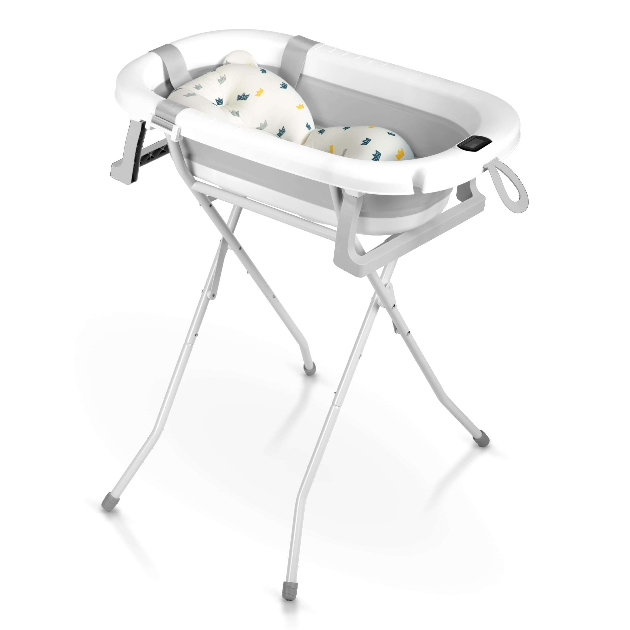 Ricokids Vasca da bagno per bambini con struttura termometro e cuscino da bagno, pieghevole, leggera, antiscivolo, colore: bianco e grigio