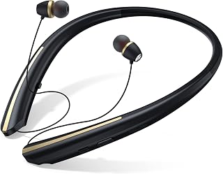 Bluetooth Headphones Retractable, Neckband Earbuds Wireless Headset Sports Noise Cancelling Stereo Earphones with Microphone Compatible with iPhone, Smart Phone, Android, Samsung, iPad (Black Gold)