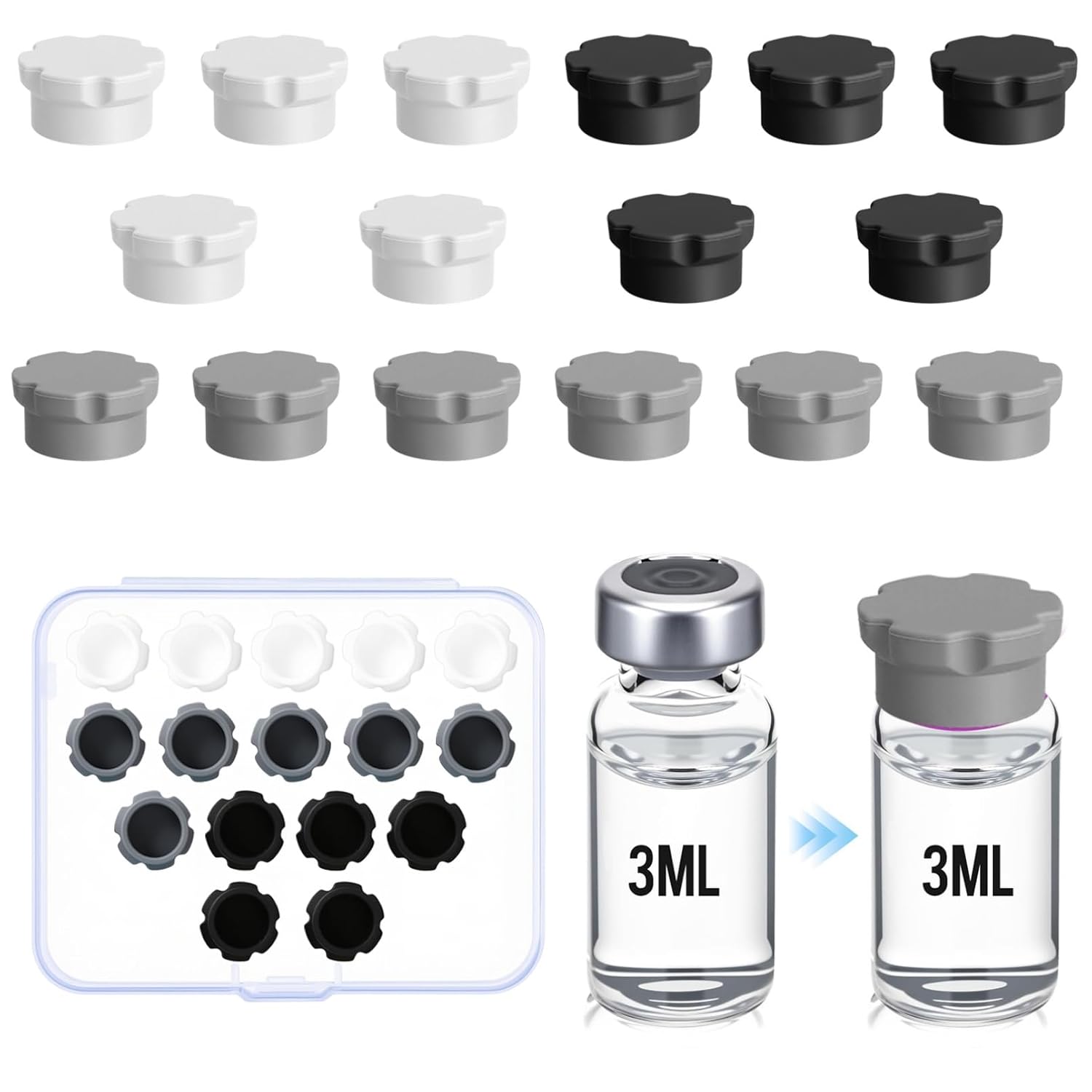 16 Pack 3ml Glass Vial Caps Peptide Storage Protective Cap Reusable Silicone Vial Covers Flip Off Caps for Fridge Leakproof Dust Resistant