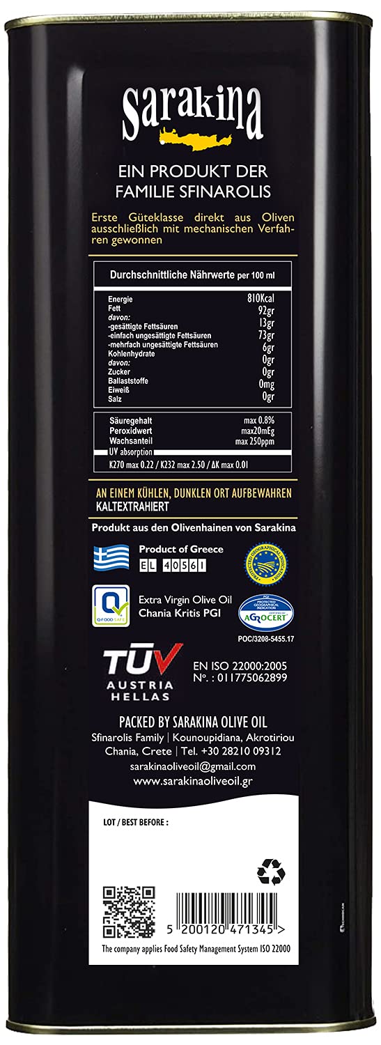 Sarakina Extra Natives Olivenöl (g.g.A), 5000 ml | Extra natives Olivenöl mit geschützter geografischer Angabe (g.g.A) aus Kreta - praktisches 5 Liter Großgebinde