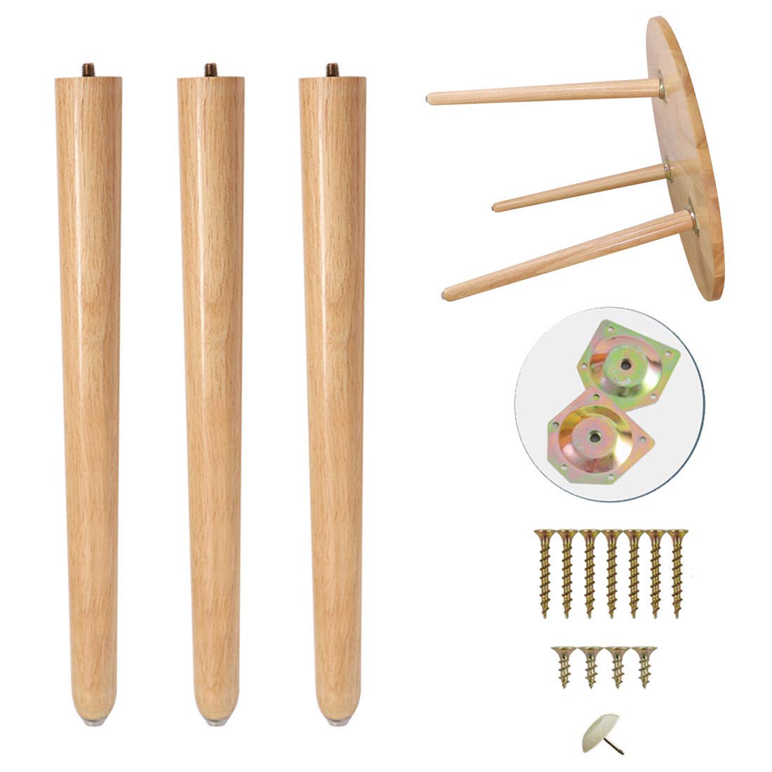 Set di 3 Gambe per mobili in Legno, Gambe per Tavolo in Legno massello, Piedini di Ricambio Affusolati, Gambe per Sedia in Legno di Gomma, bulloni M8 da 5/16 Pollici preinstallati,