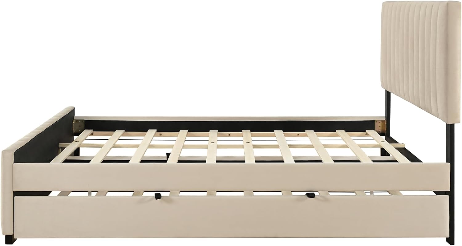 Queen Size Soft Bed with Twin XL Trundle, Velvet Upholstered Platform Bed with Headboard and Slat for Kids Boys Girls Teens Adults, No Box Spring Needed, Beige