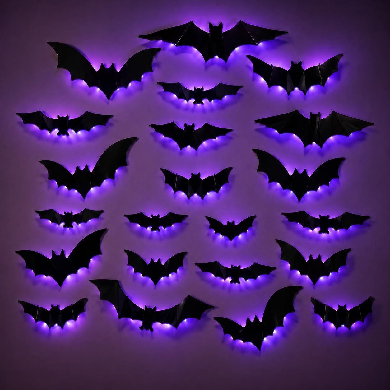 MIHENC 24 Pcs Halloween Bats Decorations with LED Lights, Black Realistic 3D Luminous Bat, Halloweens Decoration Indoor Lights, Halloween Decorations, for Home Window Party Room Haunted House Decor