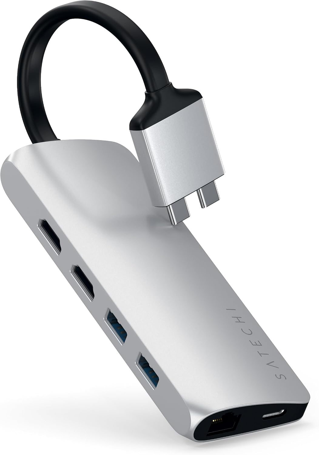 Satechi Type-C Dual Multimedia Adapter with Dual 4K HDMI, USB-C PD, Gigabit Ethernet, Micro/SD Card Readers, USB 3.0 - for M2/ M1 MacBook Pro/Max - Silver
