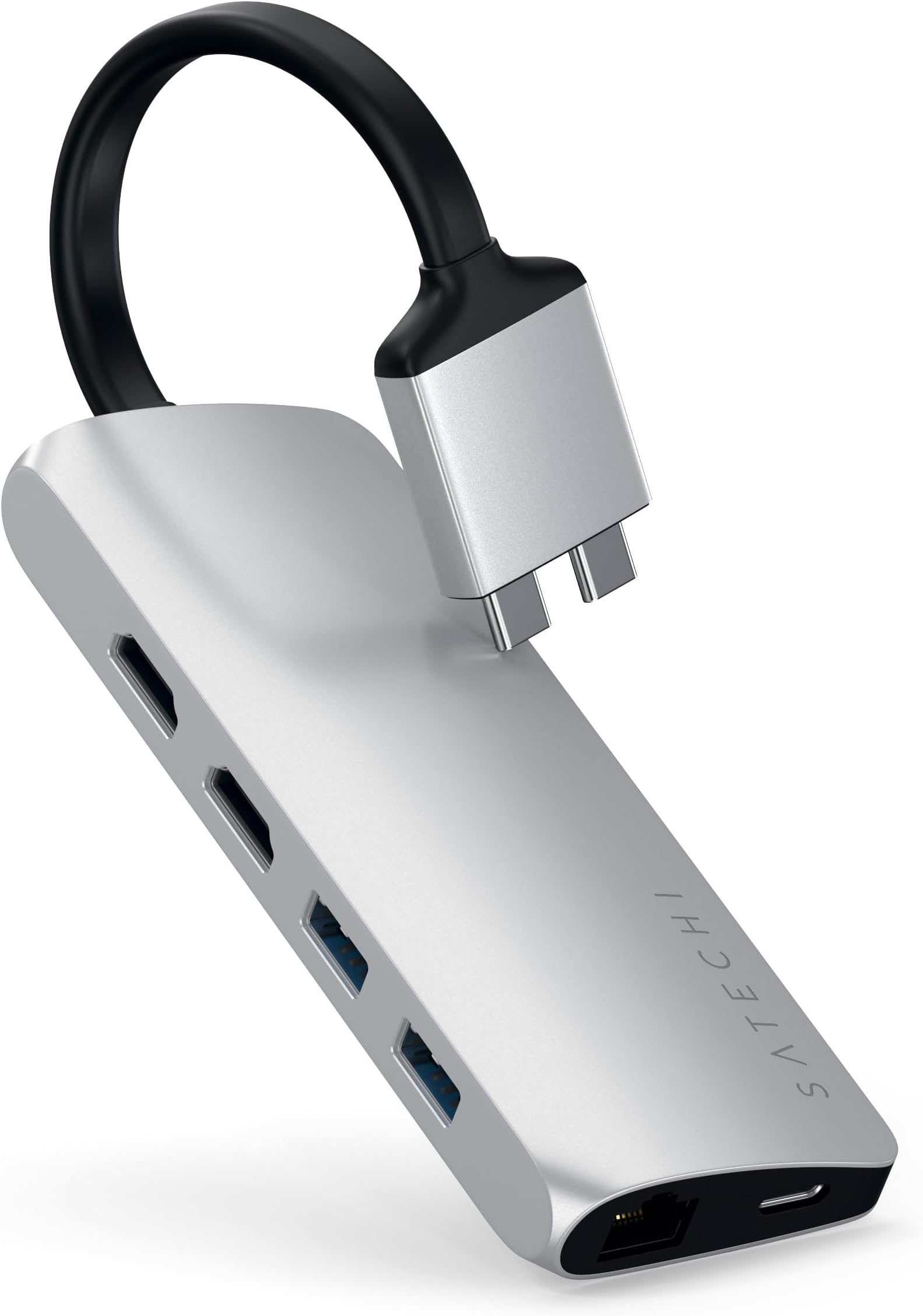 SATECHI USB-C Hub Dual Multimedia Adaptor, USB-C Docking Station with 2x 4K HDMI, 60W PD Charging, 2 USB-A Data, Gigabit Ethernet, Micro/SD Card Readers, for MacBook Air & Pro M5 M4 M3 M2 – Silver