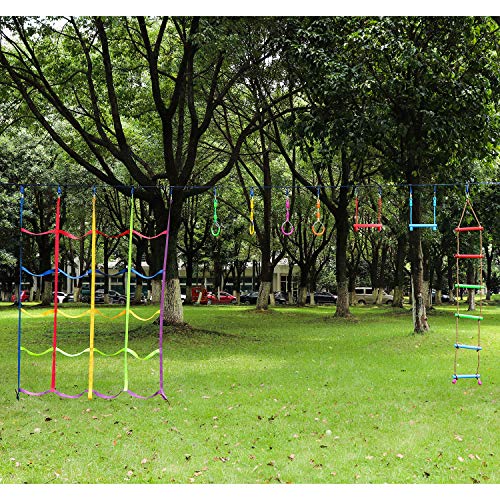 Rainbow Craft Ninja Climbing Attachments for Ninja Obstacle Course Kids Backyard Training Equipment - Ninja Rings, Ninja Monkey Bars, Climbing Rope Ladder & Ninja Cargo Net - Without Ninja Line