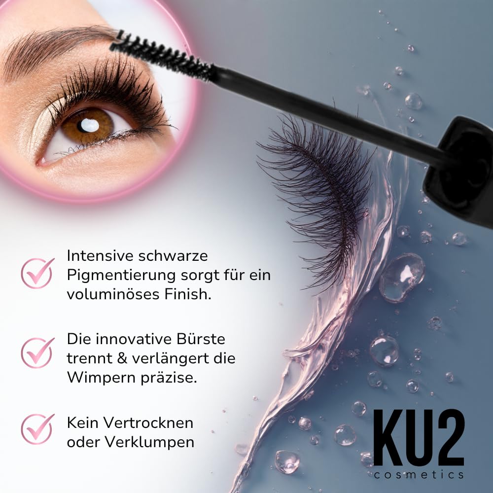 KU2 Cosmetics Mascara impermeable negra – Mascara de volumen para pestañas largas y densas, larga duración y nutritiva, 8 ml (negro resistente al agua)
