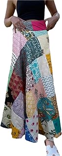 Mogul Interior Women Handmade Multicolor Patchwork Maxi Skirt Blue Floral Cotton Boho Chic One Size