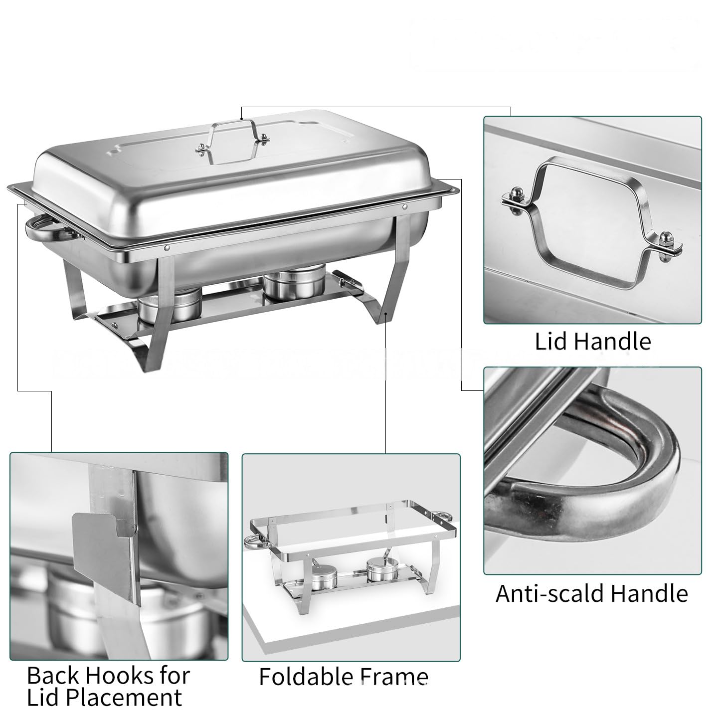 Paquete de 2 platos de 9 L para bufé, catering, calentador de alimentos, sartén fría y caliente con soporte para tapa, juego de platos de cena de acero inoxidable grueso, servidor de buffet para
