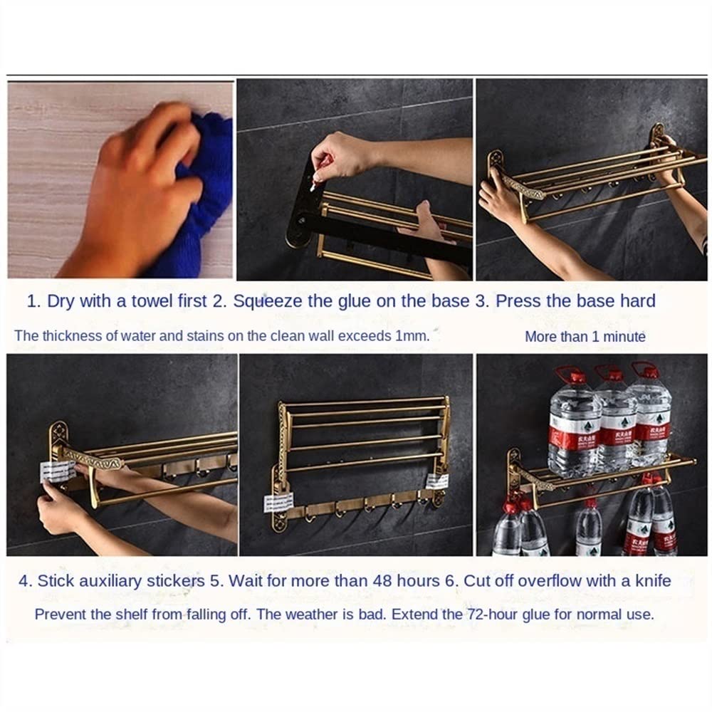 Wall Mounted Foldable Towel Holder - Antique Brass Aluminum Towel Rack With Hooks & Shelf, Bathroom Towel Rail