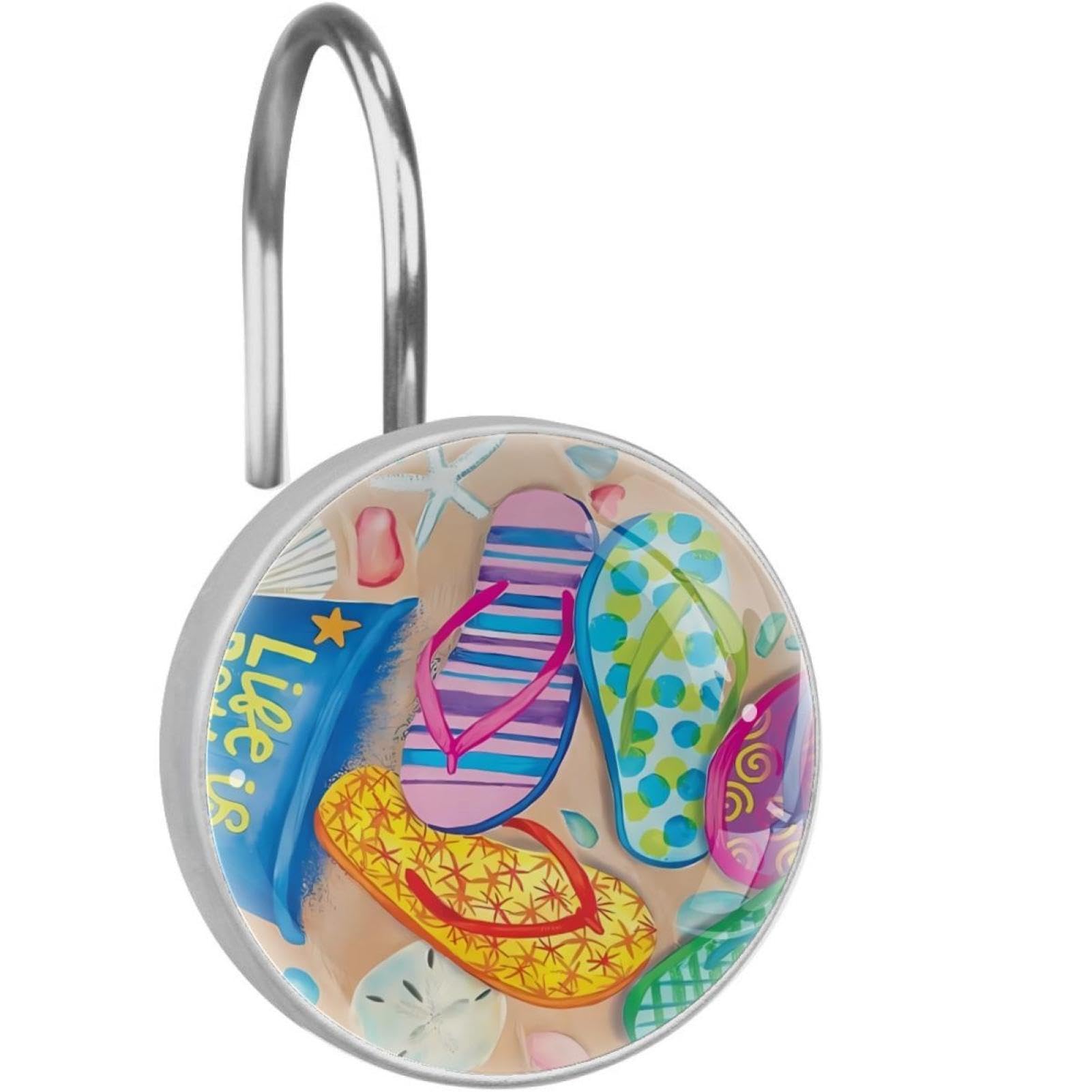 Beach Flip Flop Decorative Shower Curtain Hooks Rings Set of 12 Hooks for Shower Curtain Rustproof Curtain Rings for Bathroom