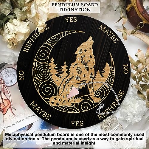 AHANDMAKER Pendulum Board Set, tabla de adivinación de madera con péndulo de cristal para prácticas metafísicas y rituales wicca miniatura 6