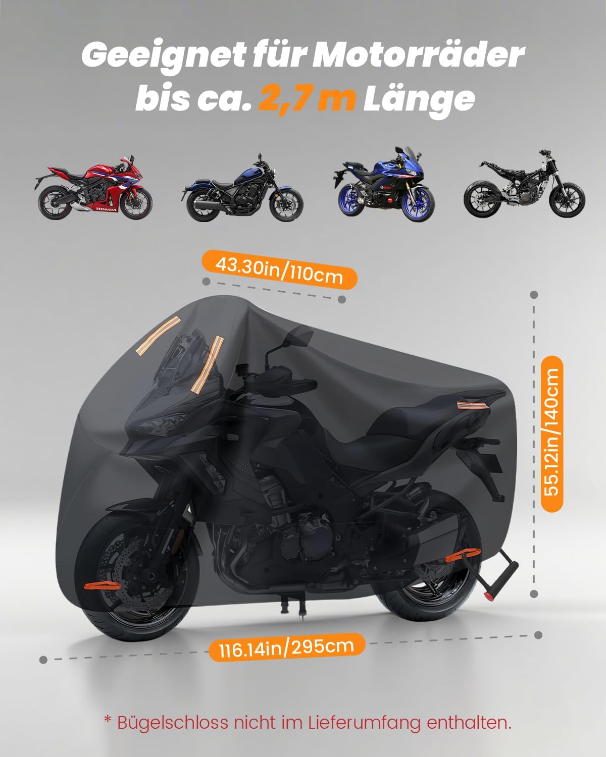 Bâche de protection pour moto, 4XL, 420D, imperméable, résistante aux UV, à la poussière, au vent, convient pour de nombreux modèles (295 x 110 x 140 cm)