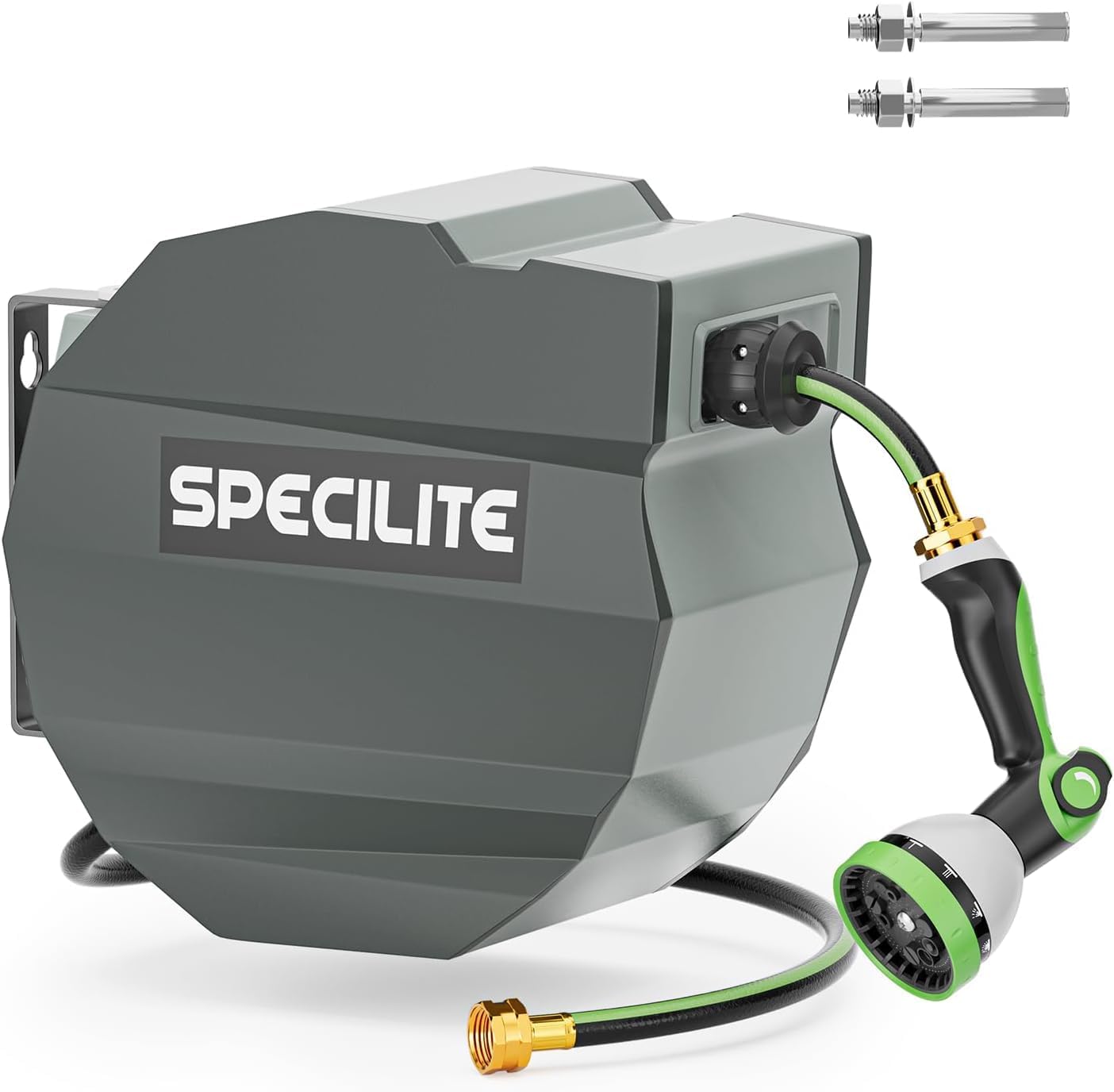 SPECILITE Retractable Heavy Duty Garden Hose Reel, 1/2" X 66 + 5 FT 2 Year Anti-Fading Wall Mounted Hose Reel, Smooth Automatic Rewind, 9 Pattern Sprayer, 180° Swival Bracket, Any Length Lock