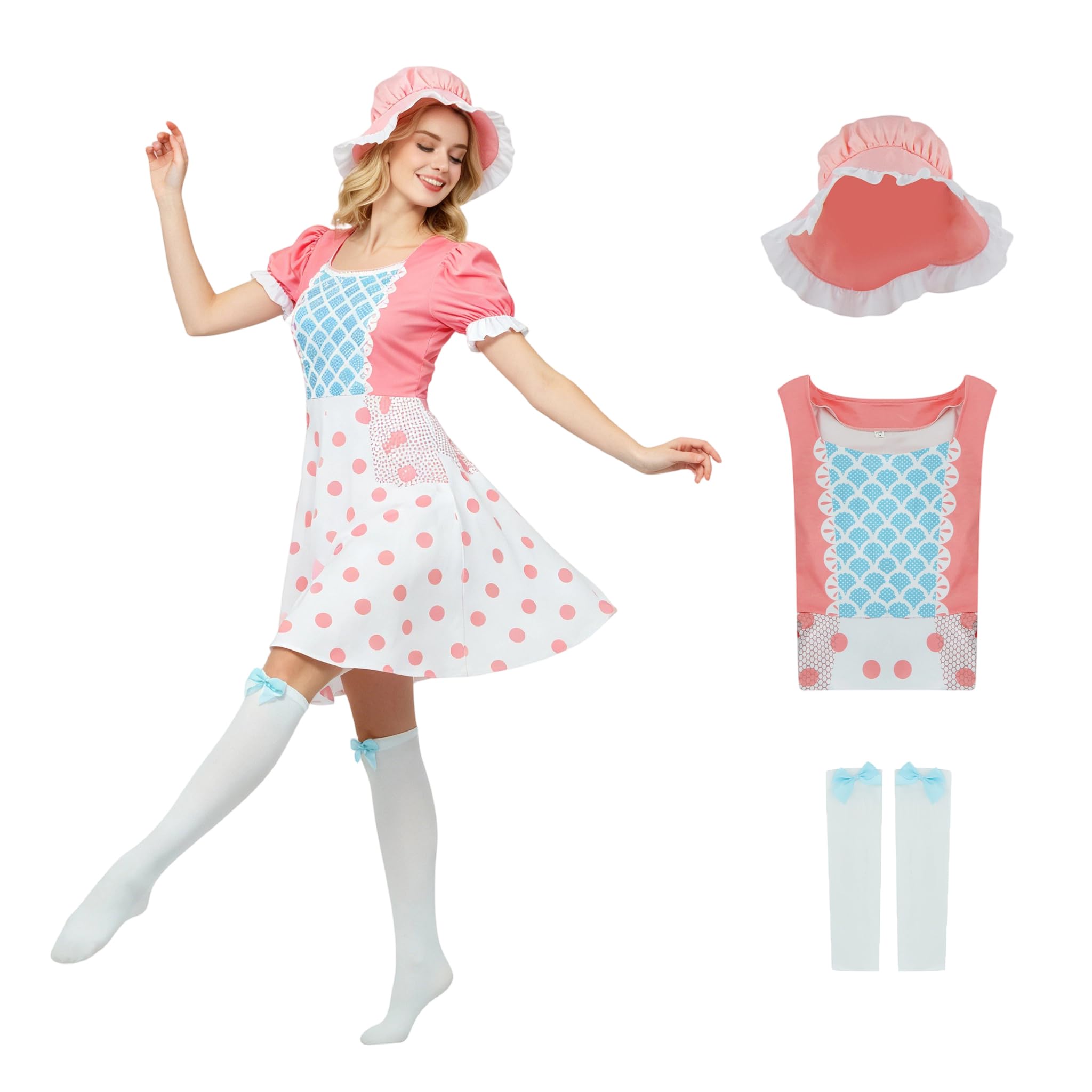 Jaugola Women Bo Peep Costume Shepherdess Polka Dot Dress Bonnet Bowtie Knee High Stockings Halloween Outfit for Adult 3XL
