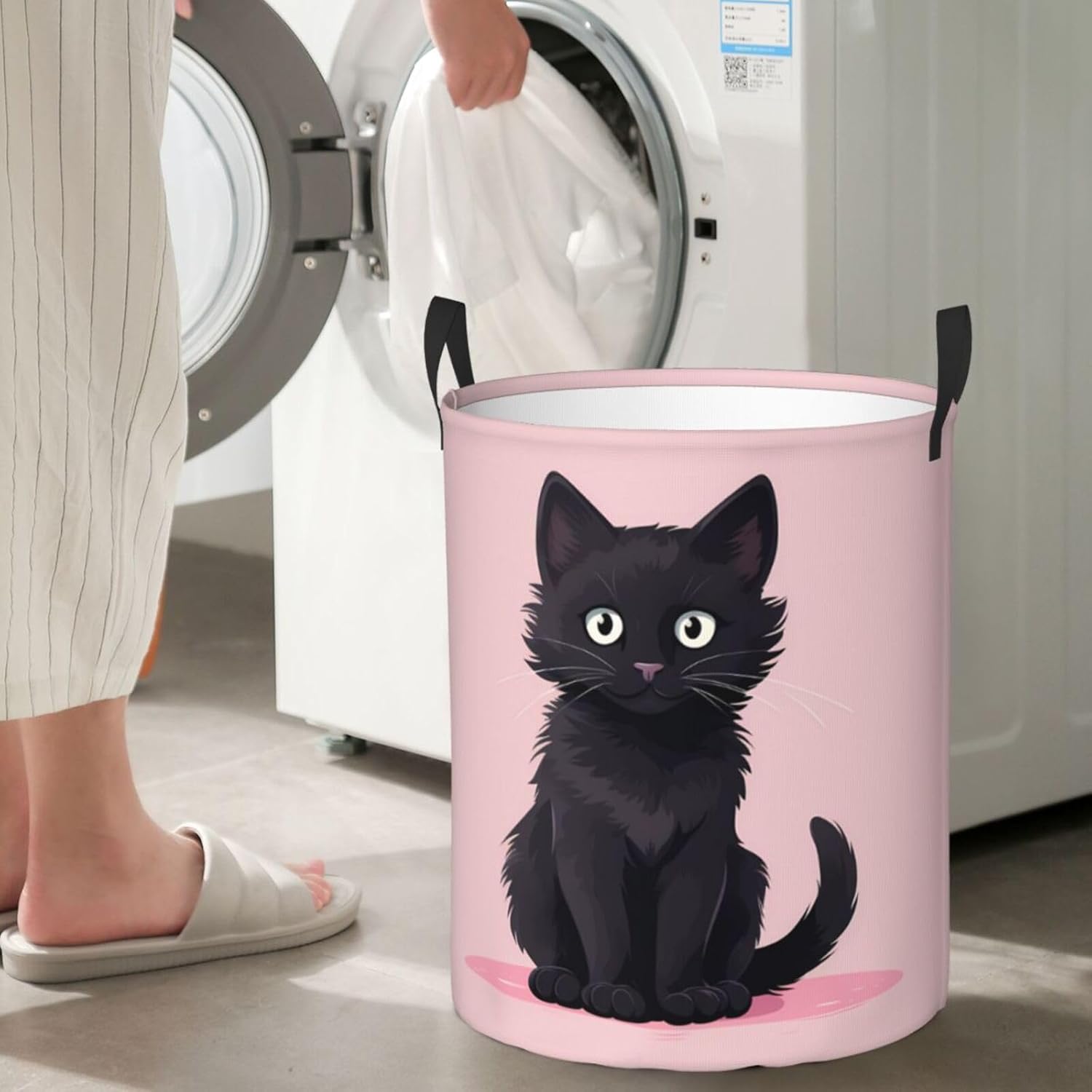 Cute Kitten Round Single-layer Laundry Basket, Portable Storage Laundry Basket, Bedroom Clothes Storage Basket with Handle