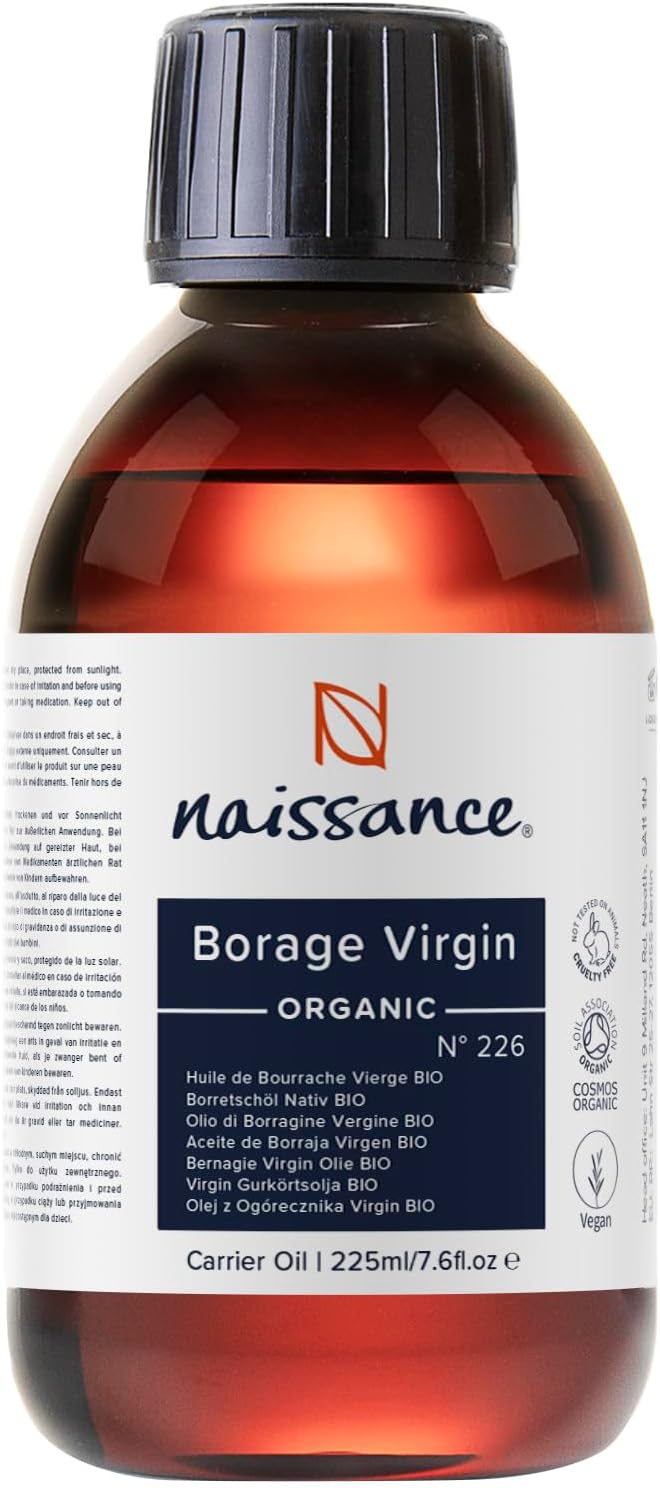 Naissance Organic Borage Oil (No. 226) – 225 ml – Rich in GLA (Gamma-Linolenic Acid) – for Skin, Face, Body, Hair, Massage, Vegan