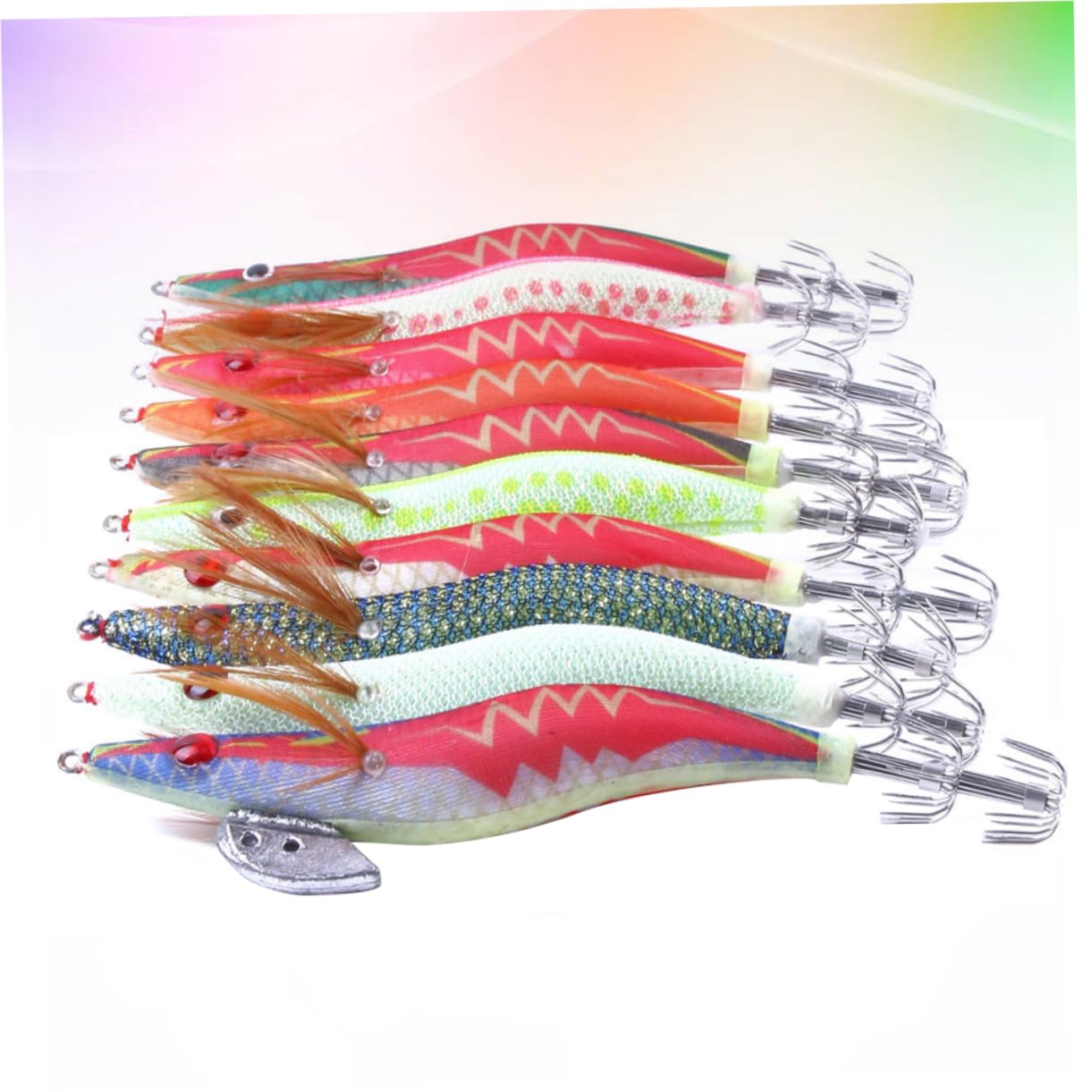 HANABASS Esca da Pesca Squid Fishing Hook Fosforescente, 10 Pezzi | Colore Verde Chiaro, Plastica, Circa 14x3x2 Cm, per Acqua Dolci e Salate