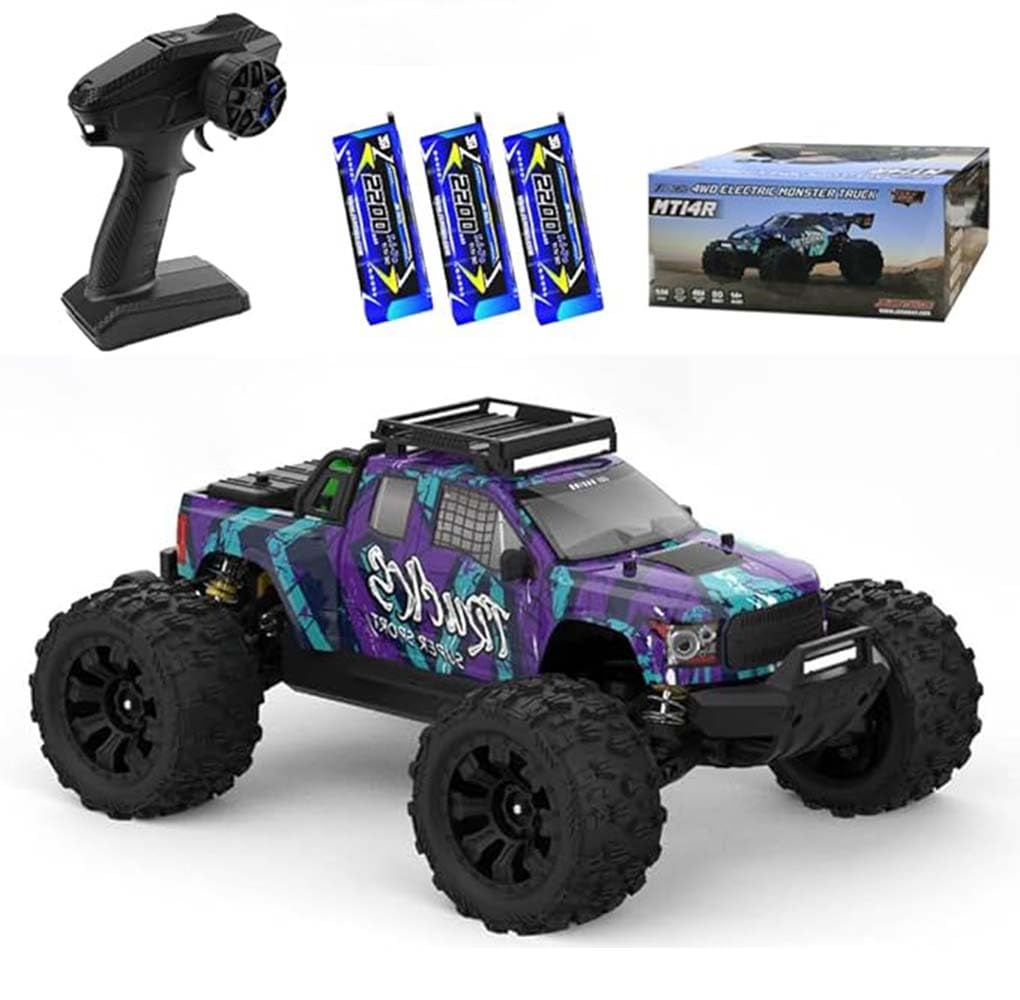 Camion telecomandato 1:14, alta velocità 100 km/h, motore brushless, monster truck RC per adulti, 2,4 GHz, fuoristrada, tuttoterreno, drift car, 4WD RC Buggy, 3 batterie (viola)