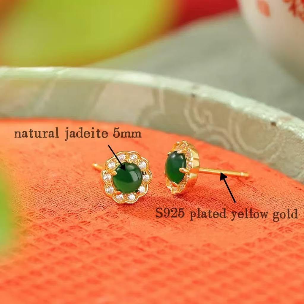 Handmade Jade Earrings Genuine, 18k Yellow Gold Plated, Real Jade in Cubic Zirconia Earrings for Women, Natural Jadeite Studs as Birthday Gifts Luxury Jewelry for Her - Image 2
