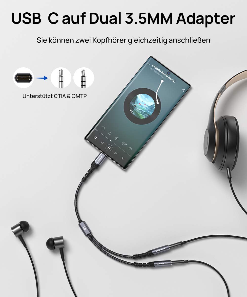 JSAUX Rozdzielacz słuchawek USB C jack AUX [28 cm] USB C na Dual 3,5 mm jack rozdzielacz audio Y kabel kompatybilny z iPhone 16/15 Pro Max Plus, Huawei P40, Galaxy S24 S23 S22 Ultra, kolor szary