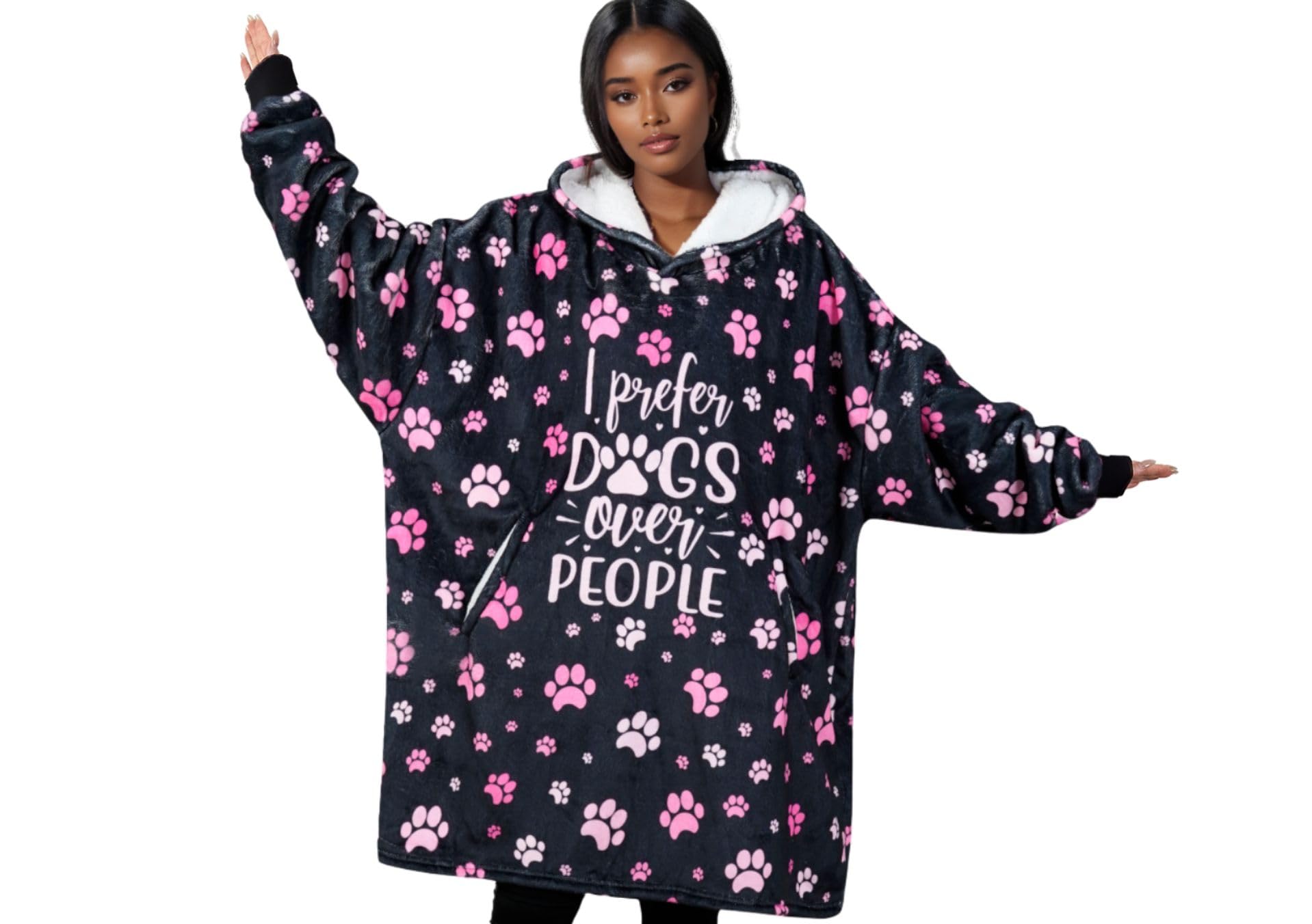 Dog Mum Gifts for Women, I Prefer Dogs Over People, Funny Wearable Blanket Hoodie for Adults, Oversized Flannel Hooded Blanket Big Sweatshirt, One Size 170x122 CM, Black