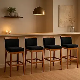 Kit 4 Banquetas Alta Estofada Cozinha Área Gourmet com Encosto Confortável Suede Preto