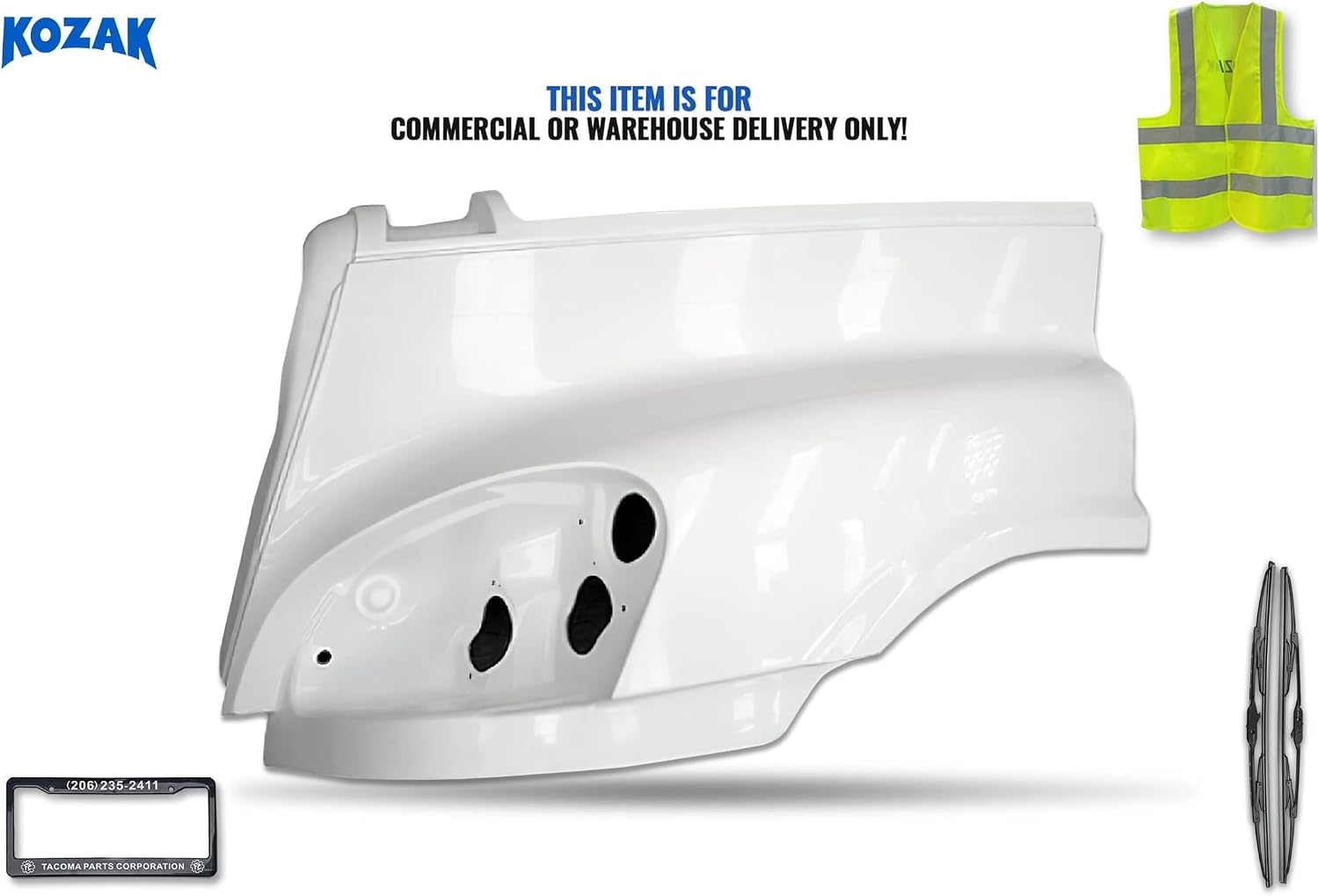 KOZAK Fiberglass Hood Fender (Left Driver Side) Compatible with Freightliner Cascadia 2008-2017 PLUS Logo, 2x22" Windshield Wipers, License Plate Frame and Vest