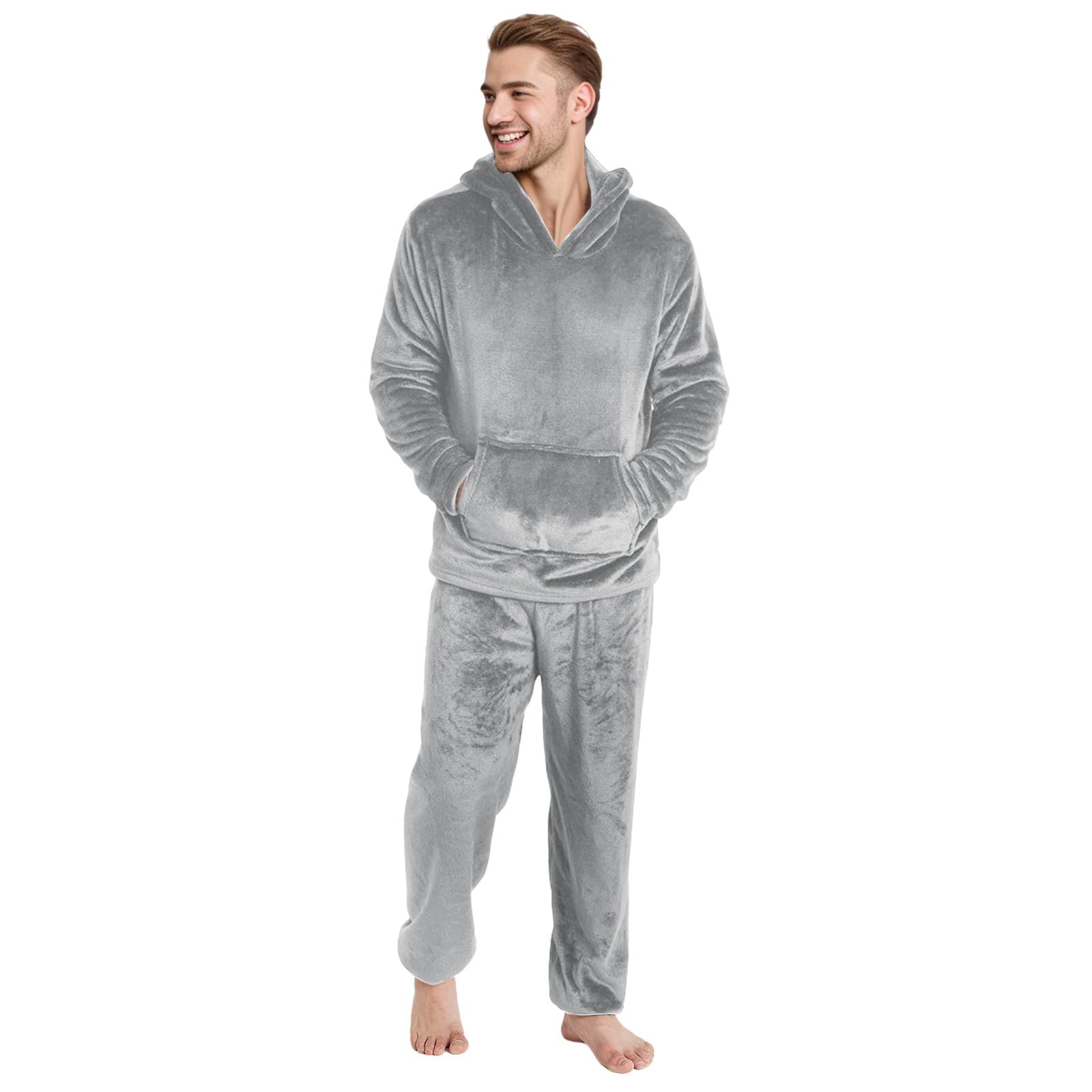 Generisch Pijama largo de franela para hombre, de forro polar, con capucha y pierna ancha, pantalones de casa elásticos, juego de dos piezas, mullido, térmico, con capucha, pantalones de dormir