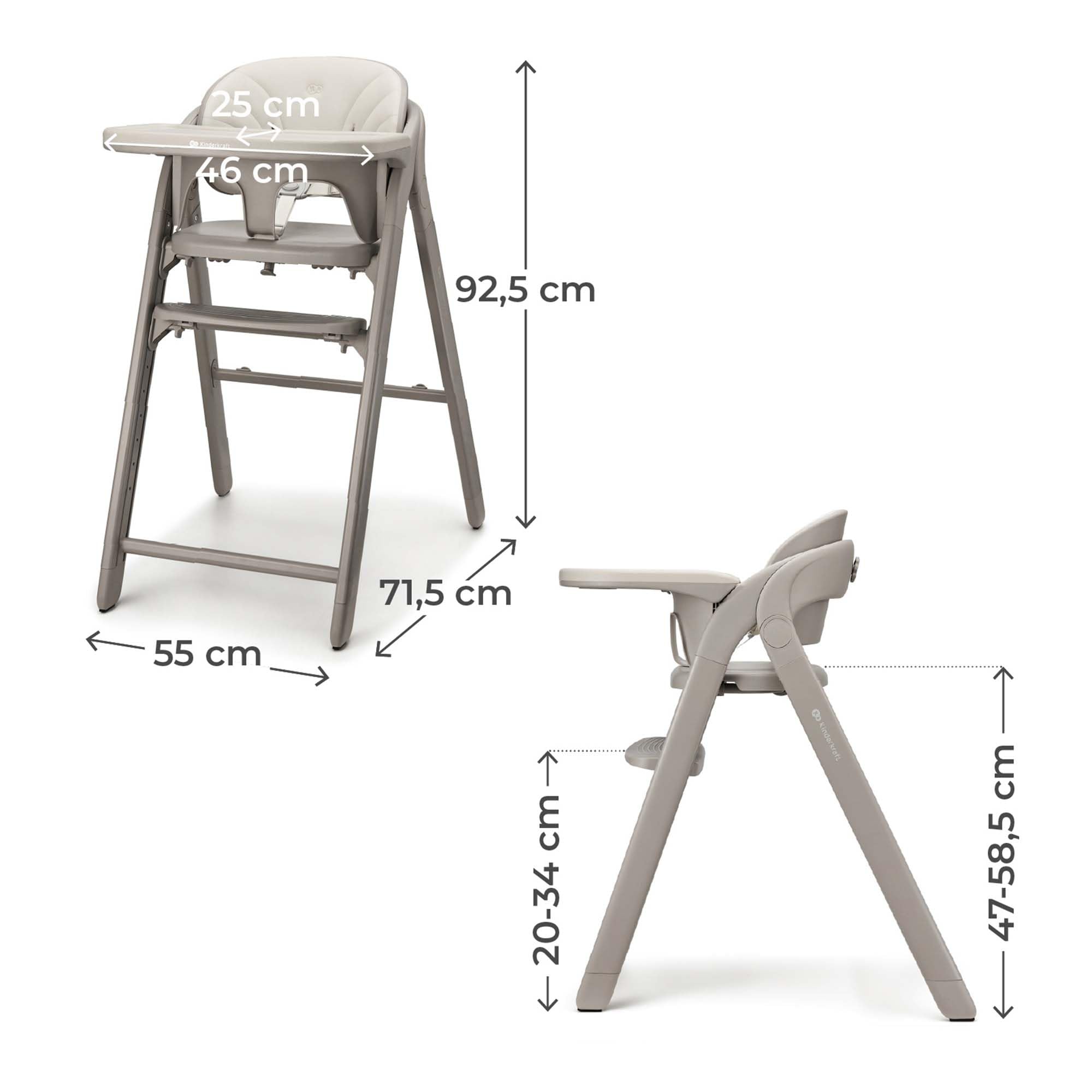 Kinderkraft TINO Seggiolone 3 in 1, Regolabile, Cintura di Sicurezza a 5 Punti, Vassoio Rimovibile, Facile da Pulire, Pieghevole, Adatto a Bambini e Adulti, Beige