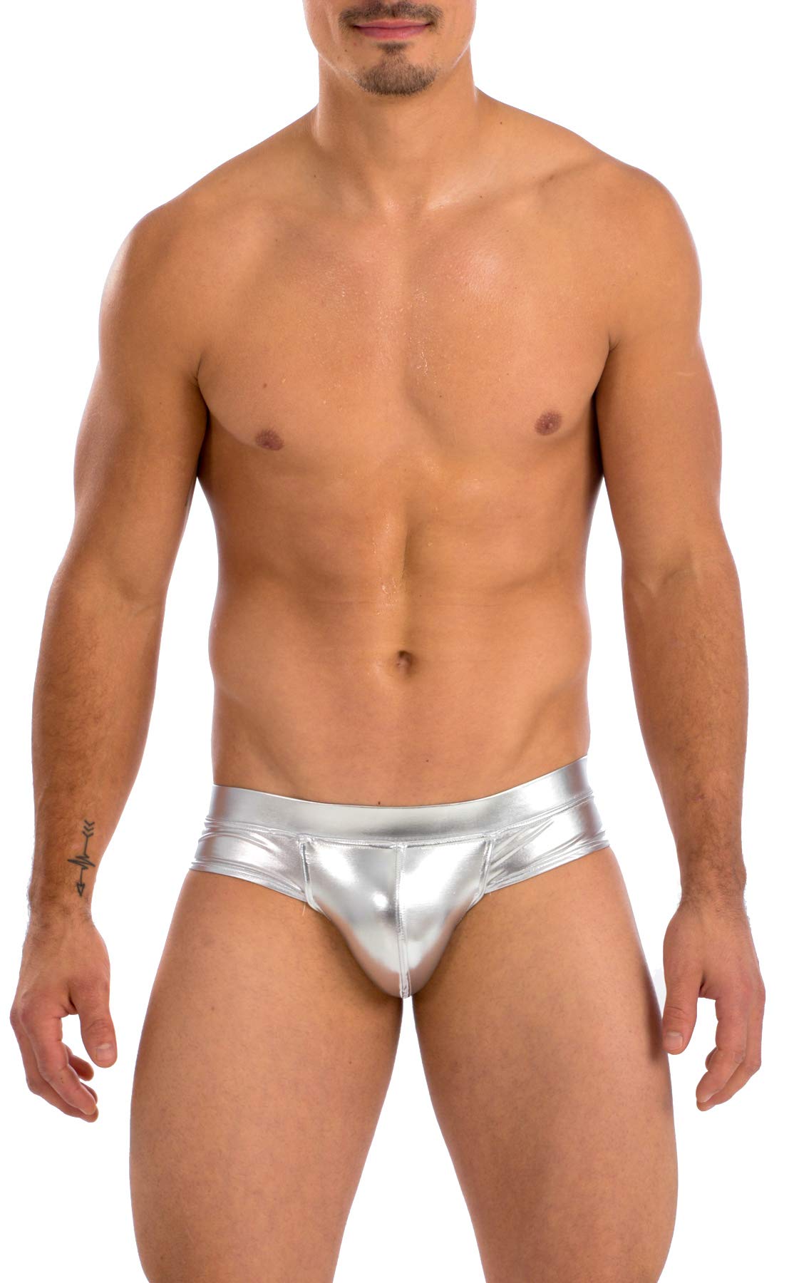 Gary Majdell Sport Men's Cheeky Brief Bikini Swimsuit, Liquid Silver, Medium