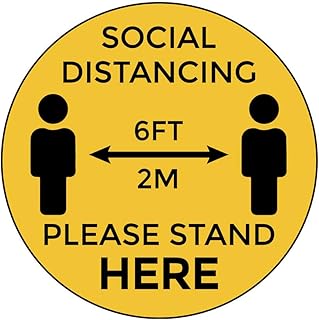 Social Distancing Floor Signs - Pack of 10 Stickers - Yellow Stand Here Design - 12 Inch Circle - Indoor Only - Removable Adhesive Vinyl - Online Labels