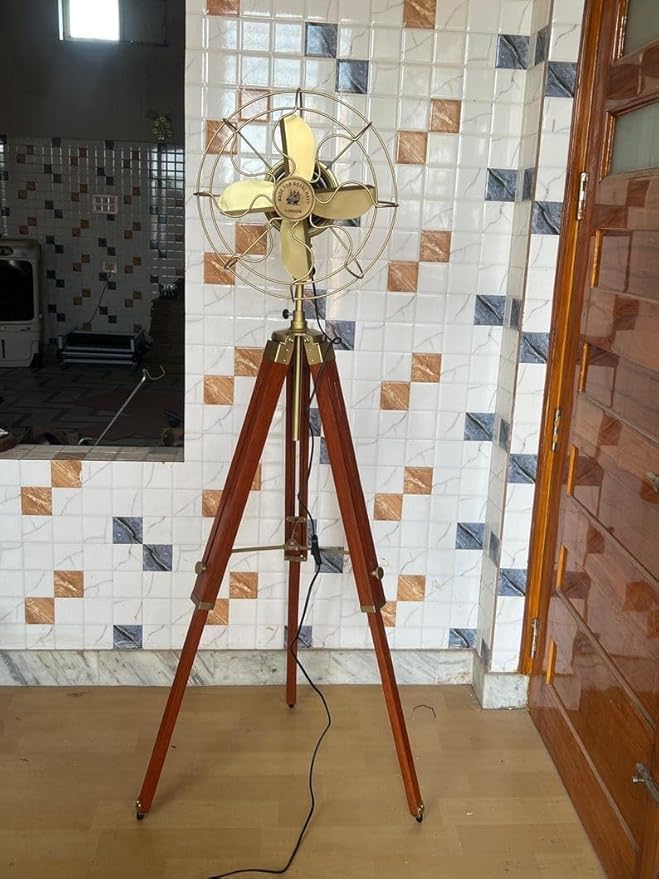 Brass Nautical Adjustable Tripod Floor Fan Retro Style Home Décor | Vintage Aluminum & Wood Standing Fan | 14" Fan Totel Height 54 Inch