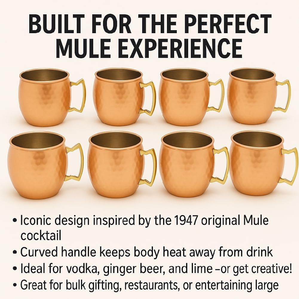 Hammered Copper Moscow Mule Mug with Nickel Lining – 16 oz Pure Copper Exterior – Classic Barrel Shape with Brass Handle – Drinkware for Cocktails, Beer, Water, and More (Set of 4)