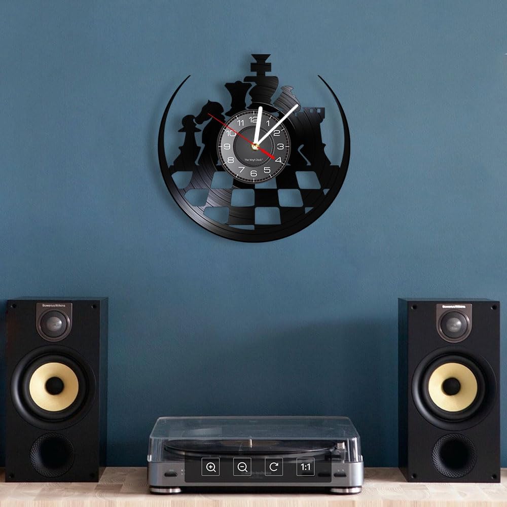 12 Inch Chess Vinyl Record Wall Clock, Modern Decorative Silent Quartz Non Ticking Battery Operated Analog Wall Clock Watch for Chess Room Game Room Chess Players Gifts