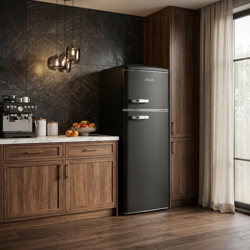 DMDK DKB2 Frigorífico Retro Independiente, Negro Mate, 208 l, 41 dB, con Compartimento Congelador, 146 x 61,50 x 55 cm