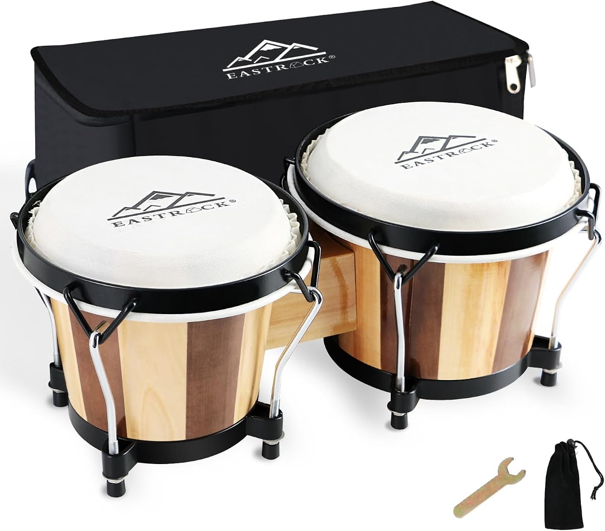 EASTROCK Bongo Drum Juego de bongos de 6 y 7 pulgadas para adultos principiantes profesionales instrumentos de percusión de tambor de madera y metal afinables con bolsa y llave de afinación (raya)