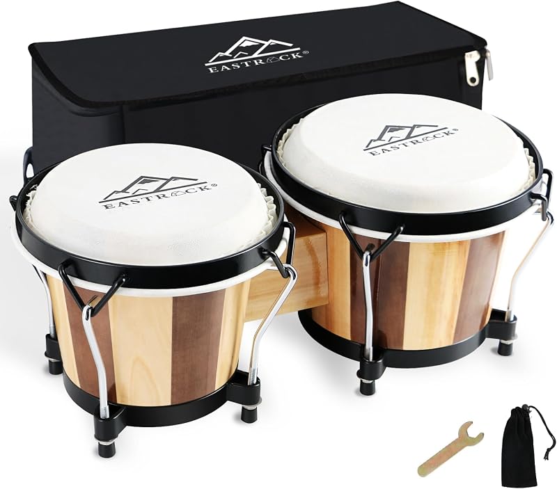 EASTROCK Bongo Drum Juego de bongos de 6 y 7 pulgadas para adultos principiantes profesionales instrumentos de percusión de tambor de madera y metal afinables con bolsa y llave de afinación (raya)