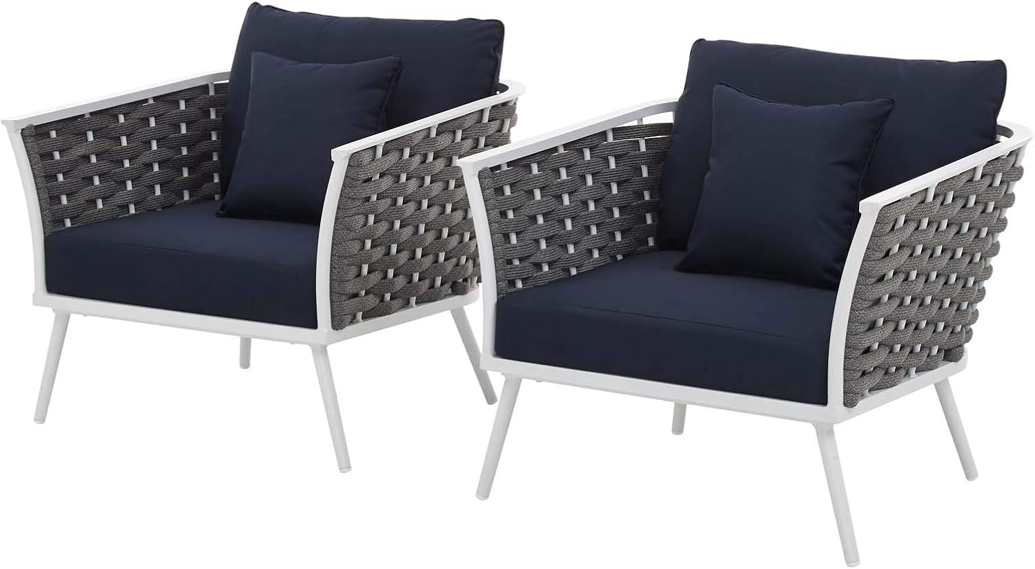 Modway Stance Outdoor Patio Woven Rope Two Dining Arm Chairs with Cushions in White Navy