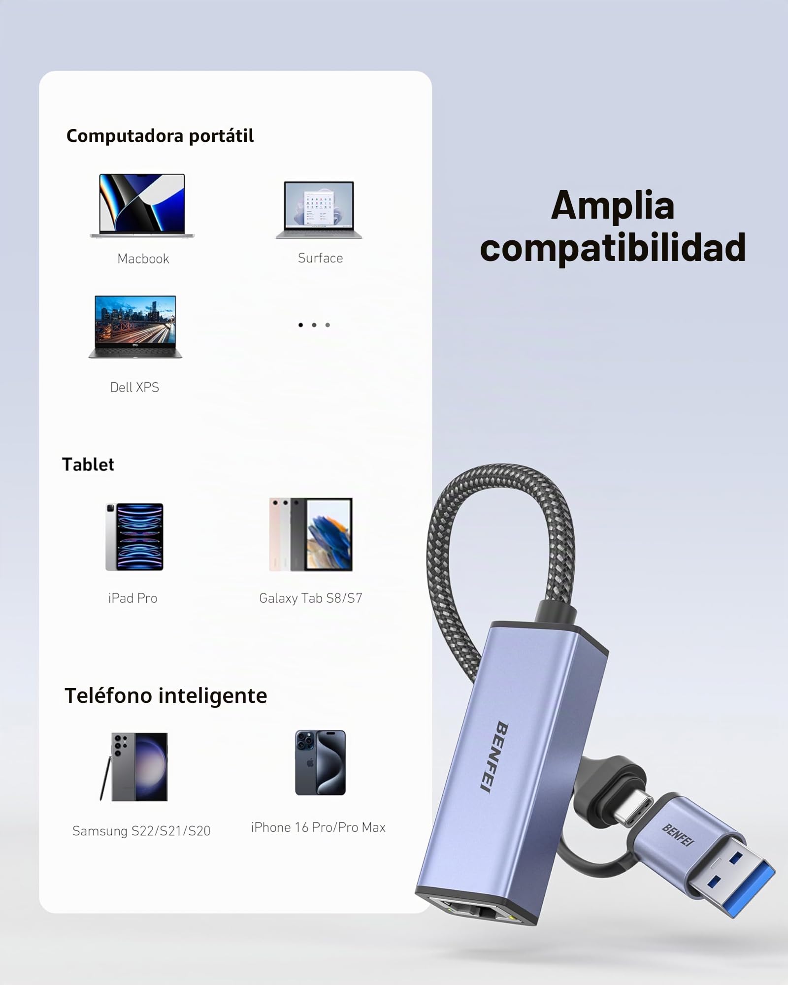 BENFEI Adaptador USB 3.0 a Ethernet RJ45 10/100/1000 Gigabit Ethernet LAN Compatible con MacBook, Surface Pro, PC portátil con Windows7/8/10, XP, Vista, Mac[Caja de Aluminio y Cable de Nailon]