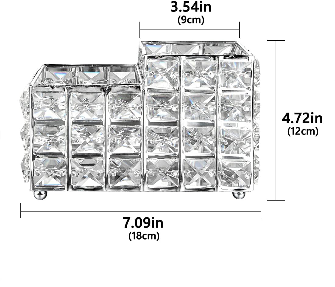 LUEXBOX Crystal Makeup Brush Holder, One-Piece Square Brush Organizer, Cosmetics Brush Storage Container for Table, Dresser, Bathroom, Bedroom Organization (Silver)