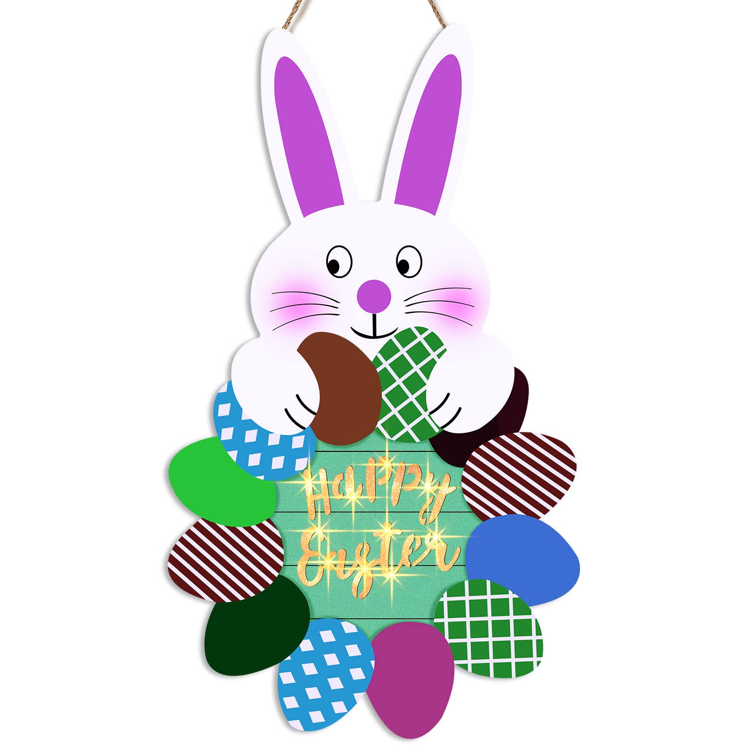 Remon 12'' Easter Decorations Prelit Bunny Sign Wreath for Front Door, Timer Battery Operated Wooden Hanging Rabbit Sign with Easter Eggs for Outdoor Indoor Home Porch Window Wall Easter Decor