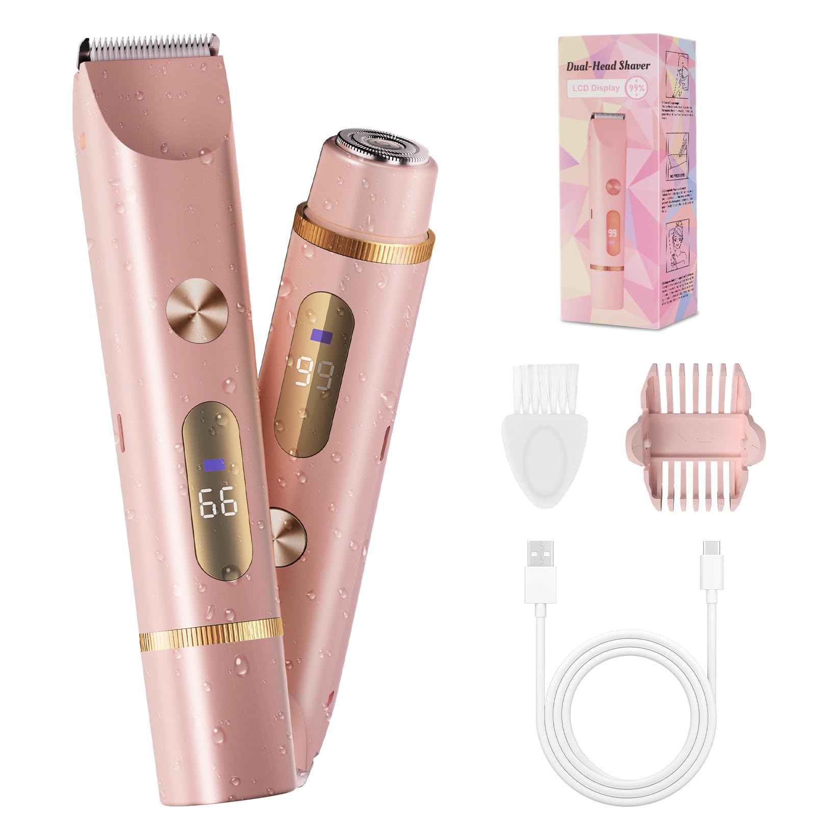 2-in-1 Bikini Trimmer for Women Bikini Shaver with Dual Heads Body and Facial Hair Removal Cordless Rechargeable Electric