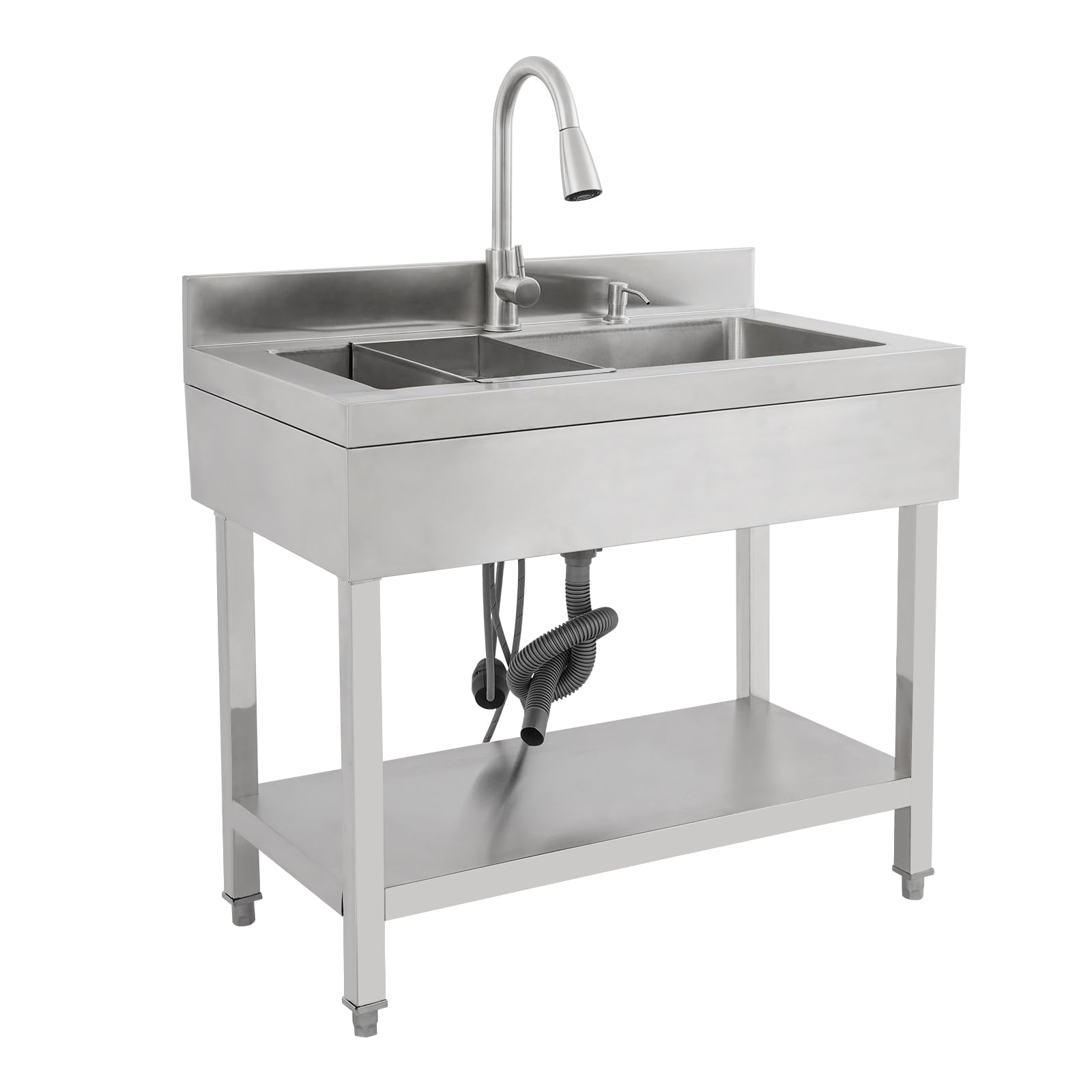 Lavando de acero inoxidable independiente, fregadero individual de cocina rectangular con pedestal, fregadero móvil para cocina, garaje, exterior(90x50x80 cm)