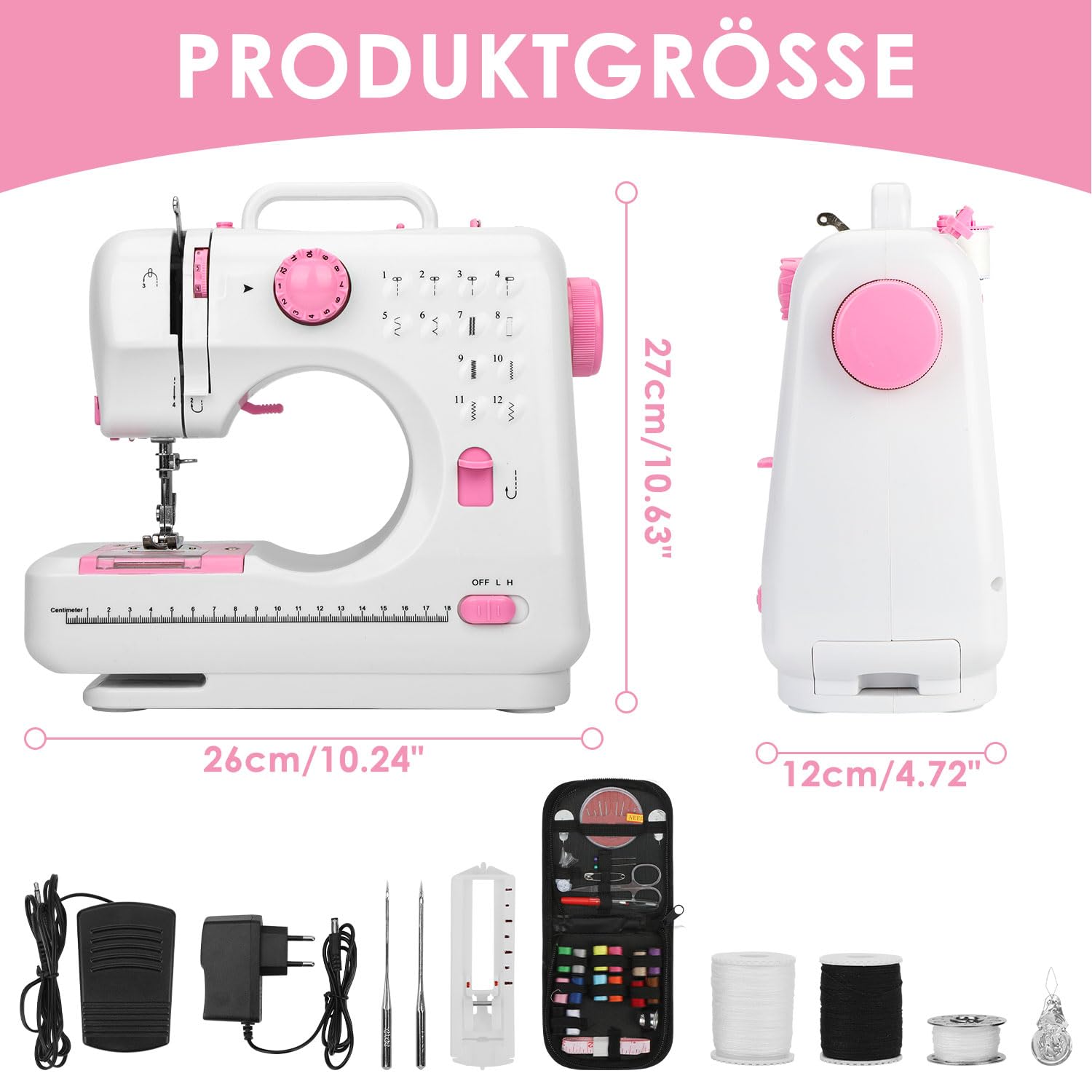 Mini Nähmaschine für Anfänger mit 12 Stichen, LED Licht, Rückwärtsnähen, automatischem Spulen, leiser Motor, kleine Nähmaschine 28x12x24 cm, kompakte kleine Nähmaschine für Zuhause