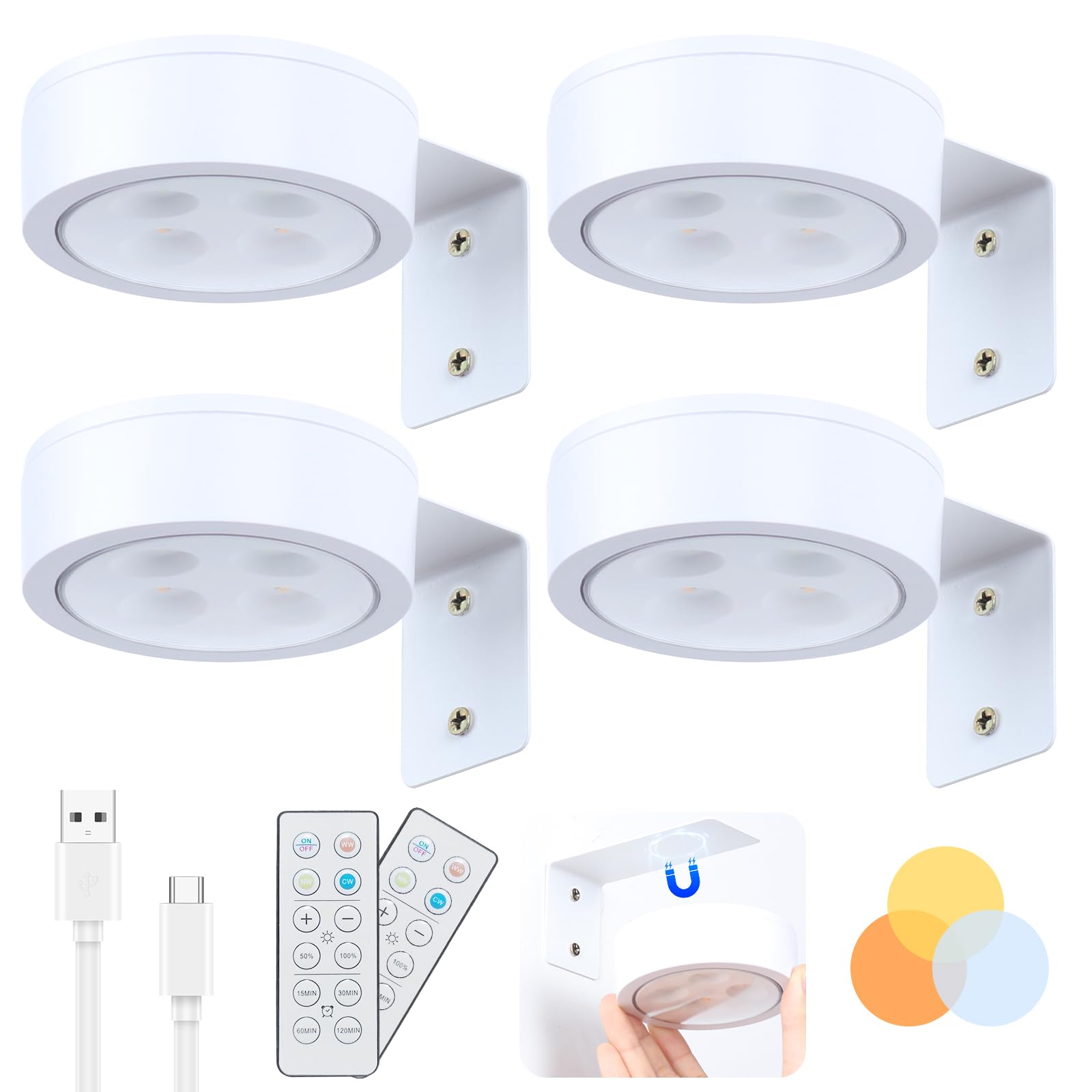 4 Pack Picture Lights for Wall, White Rechargeable Magnetic with Remote