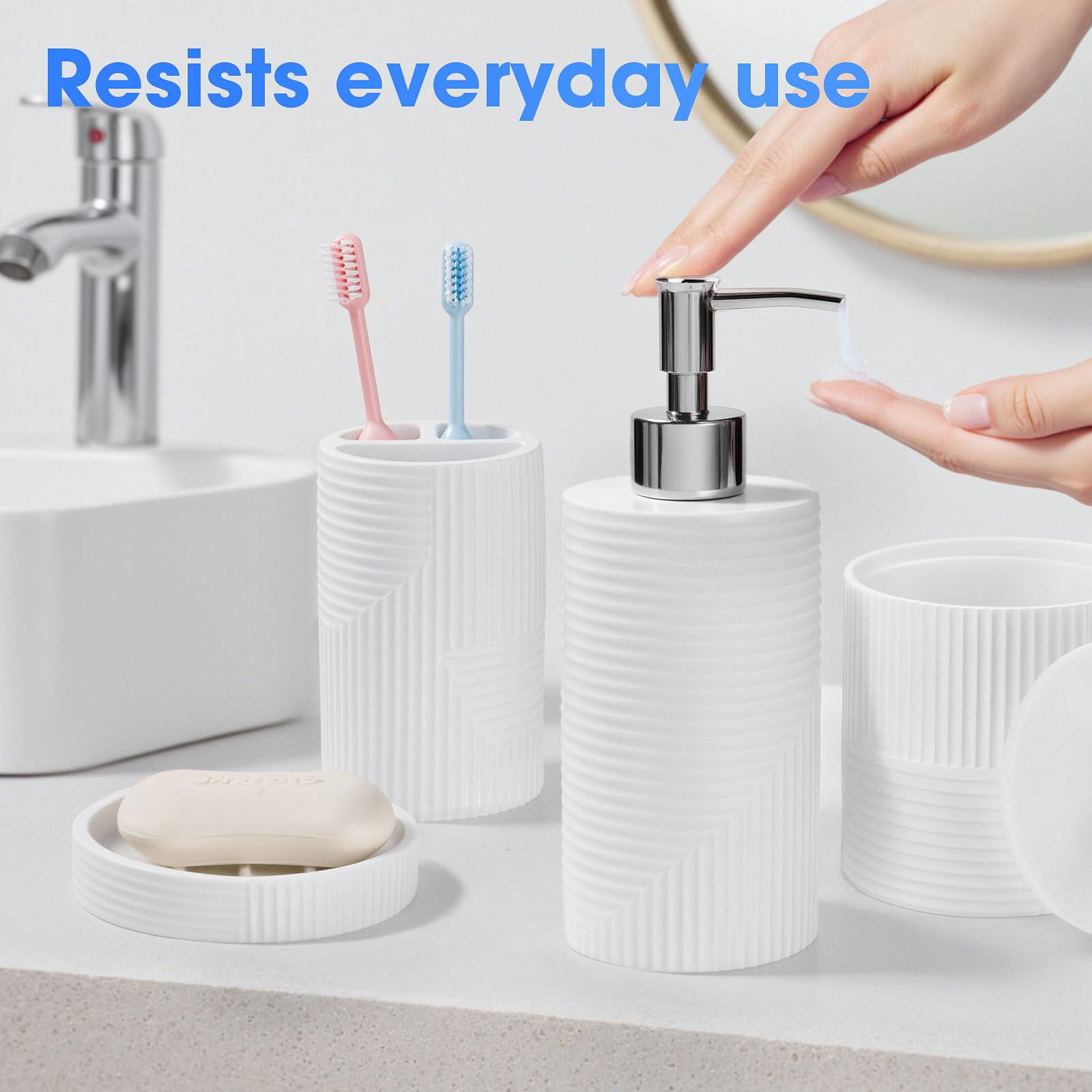 Juego de 5 accesorios de baño, juego de accesorios de baño de resina, juego completo con dispensador de jabón, juego de soporte para cepillo de dientes, jabonera, tarros de hisopo de algodón para