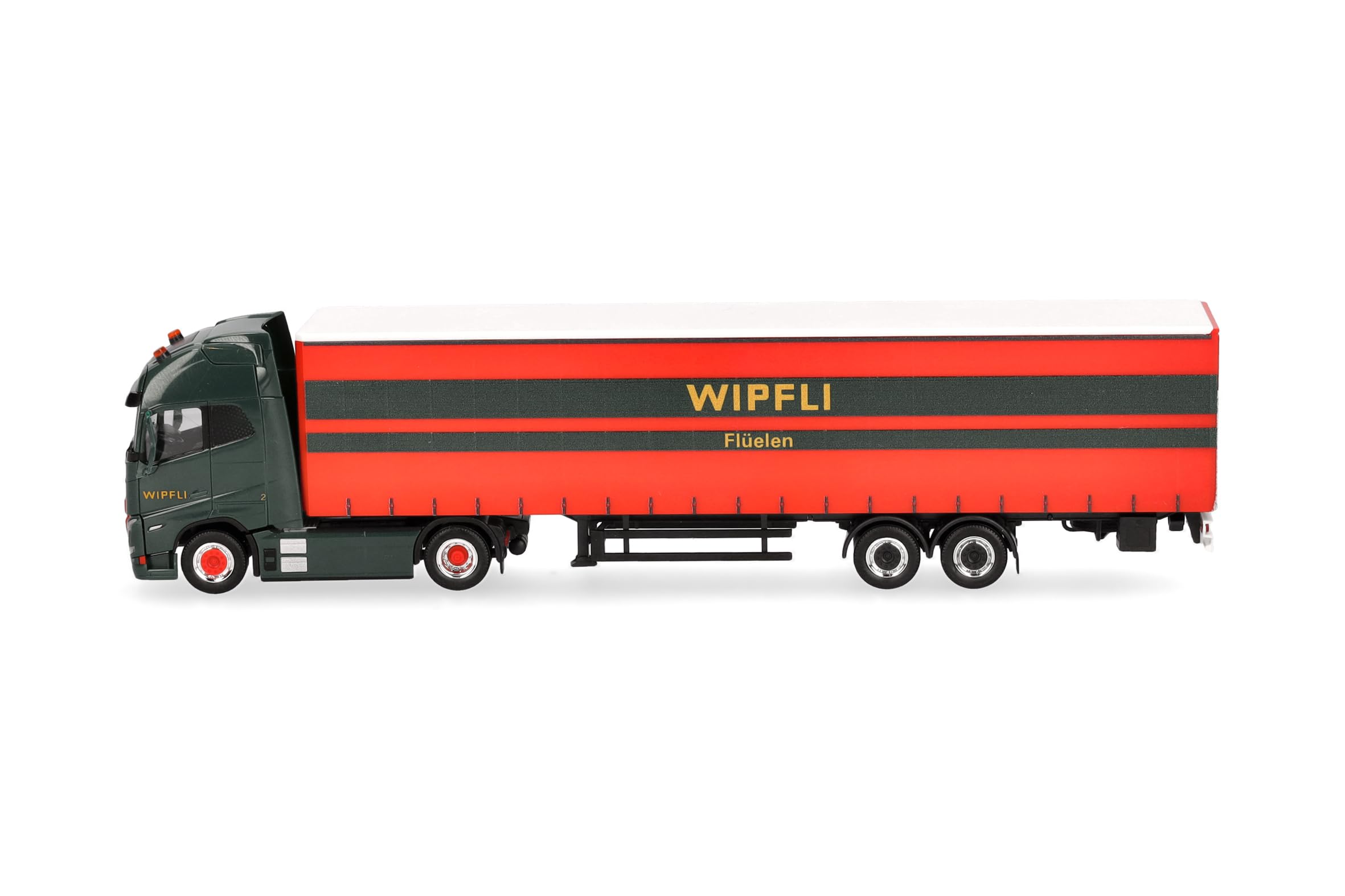 Herpa Model ciężarówki Volvo FH GL XL Electric naczepa plandeka "Wipfli" (Szwajcaria), miniatura w skali 1:87, kolekcjonerski, Made in Germany, plastik